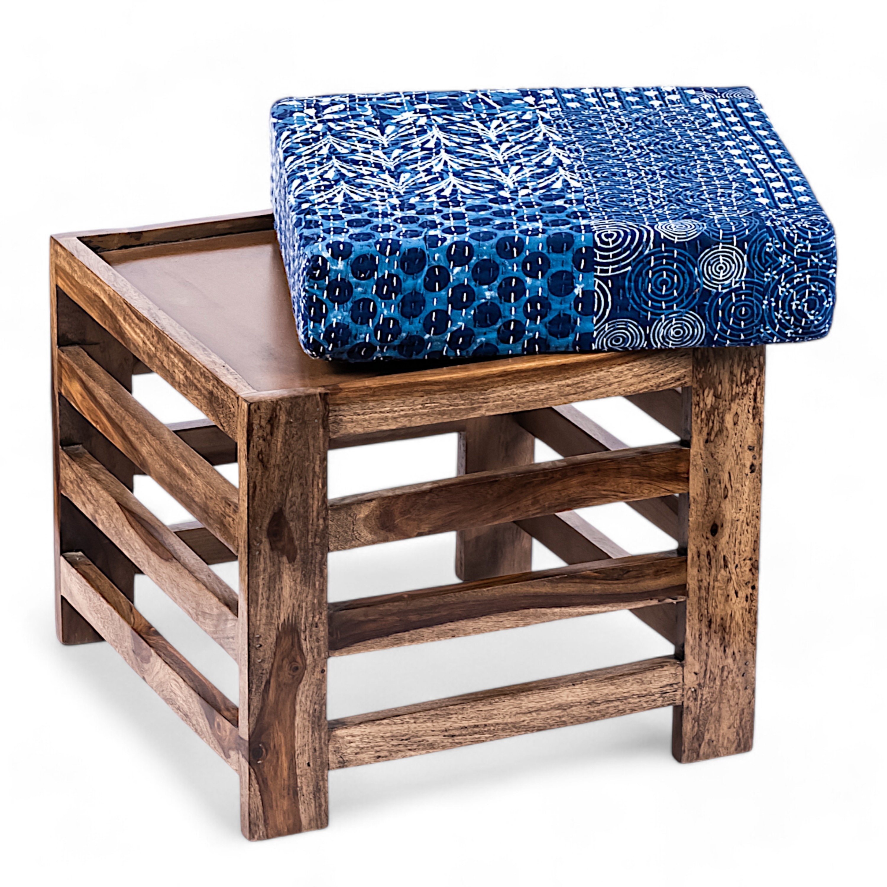 Houston Sheesham Wood Stool with Indigo Patch Kantha Cushion
