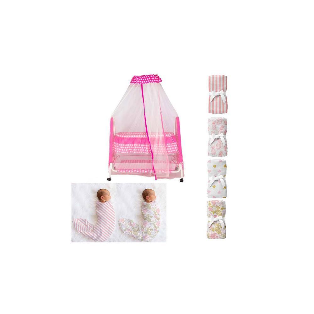 Aurora Stainless Steel Baby Cradle with Mosquito Net Florals & Stripes