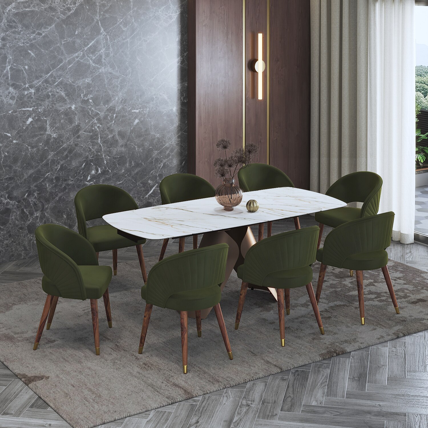 Aeris Ceramic 6 to 8 Seater Extendable Dining Table With 6 Celia Dining Chair