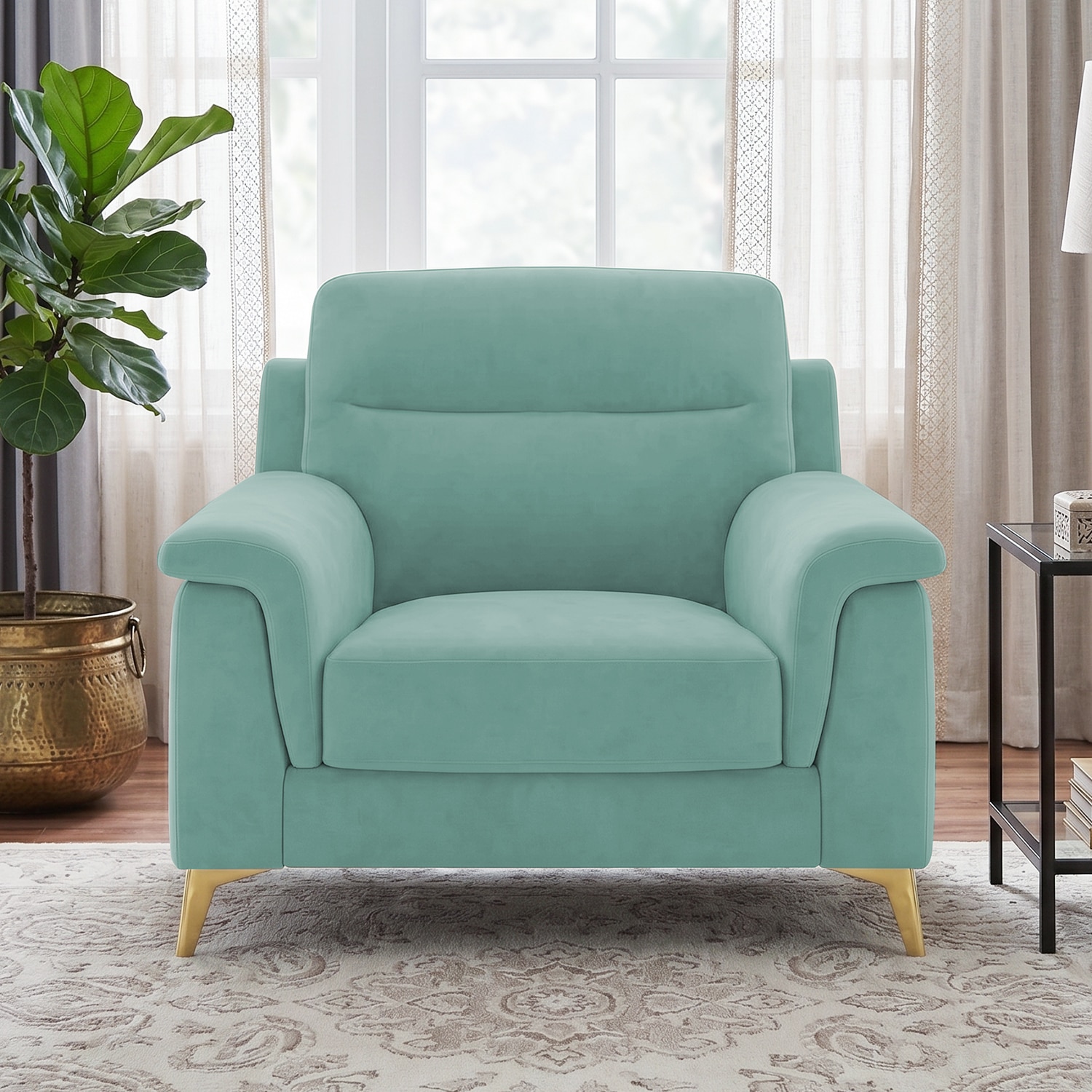 Niwara Velvet 1 Seater  sofa in Pista Green color - Home Lifestylez