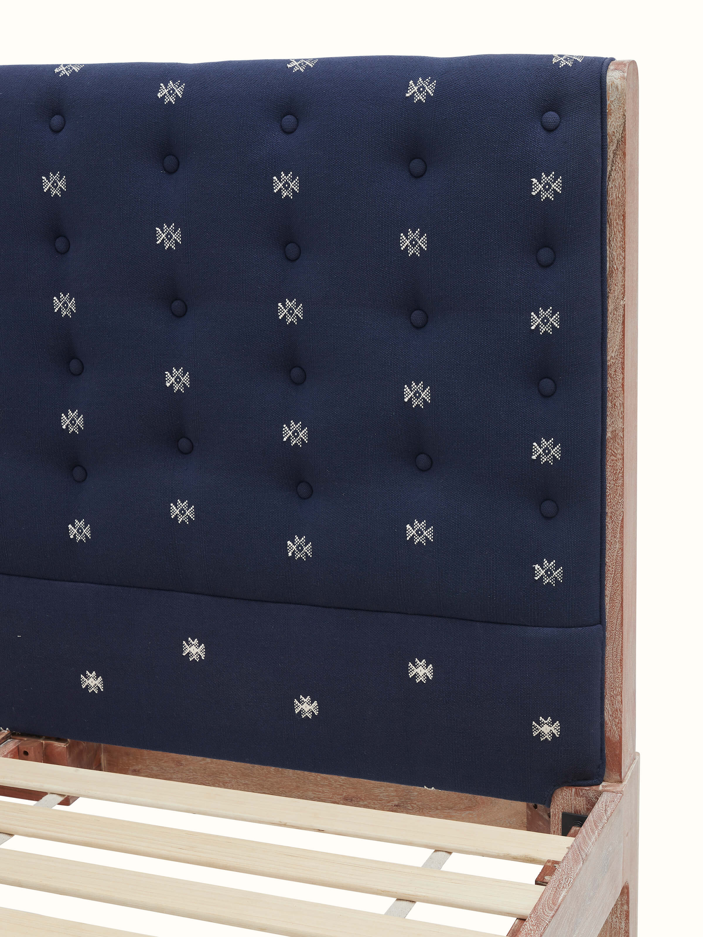 Acacia Wood King-size Bed with Handloom Fabric Upholstered Headboard