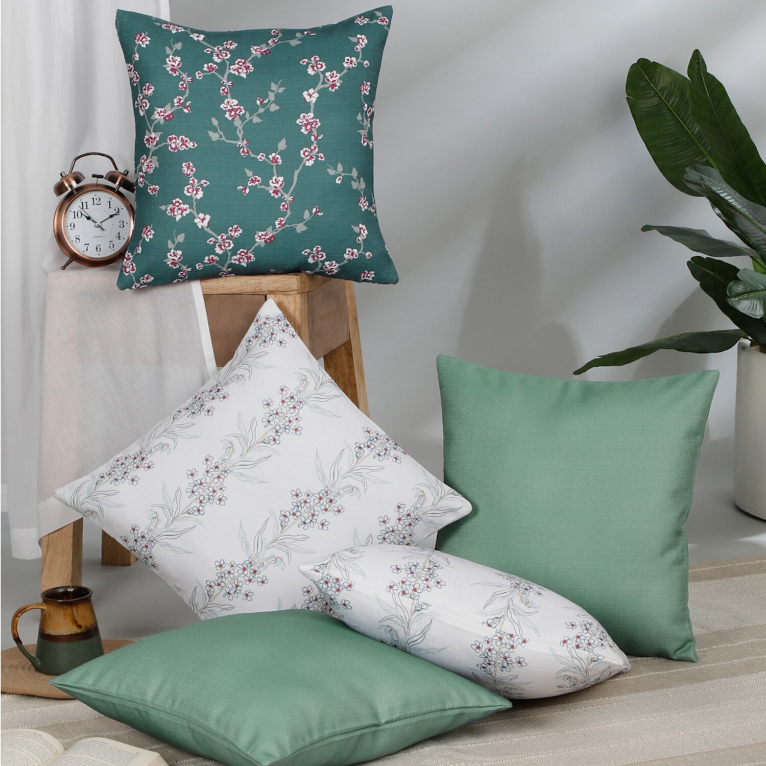 Set Of 5 Floral Square Cushion Covers