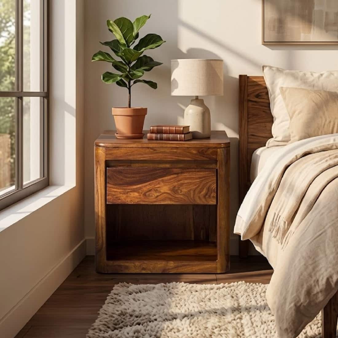 Nima Solid Wood One Drawer Bedside In Provincial Teak Finish - Demiwall