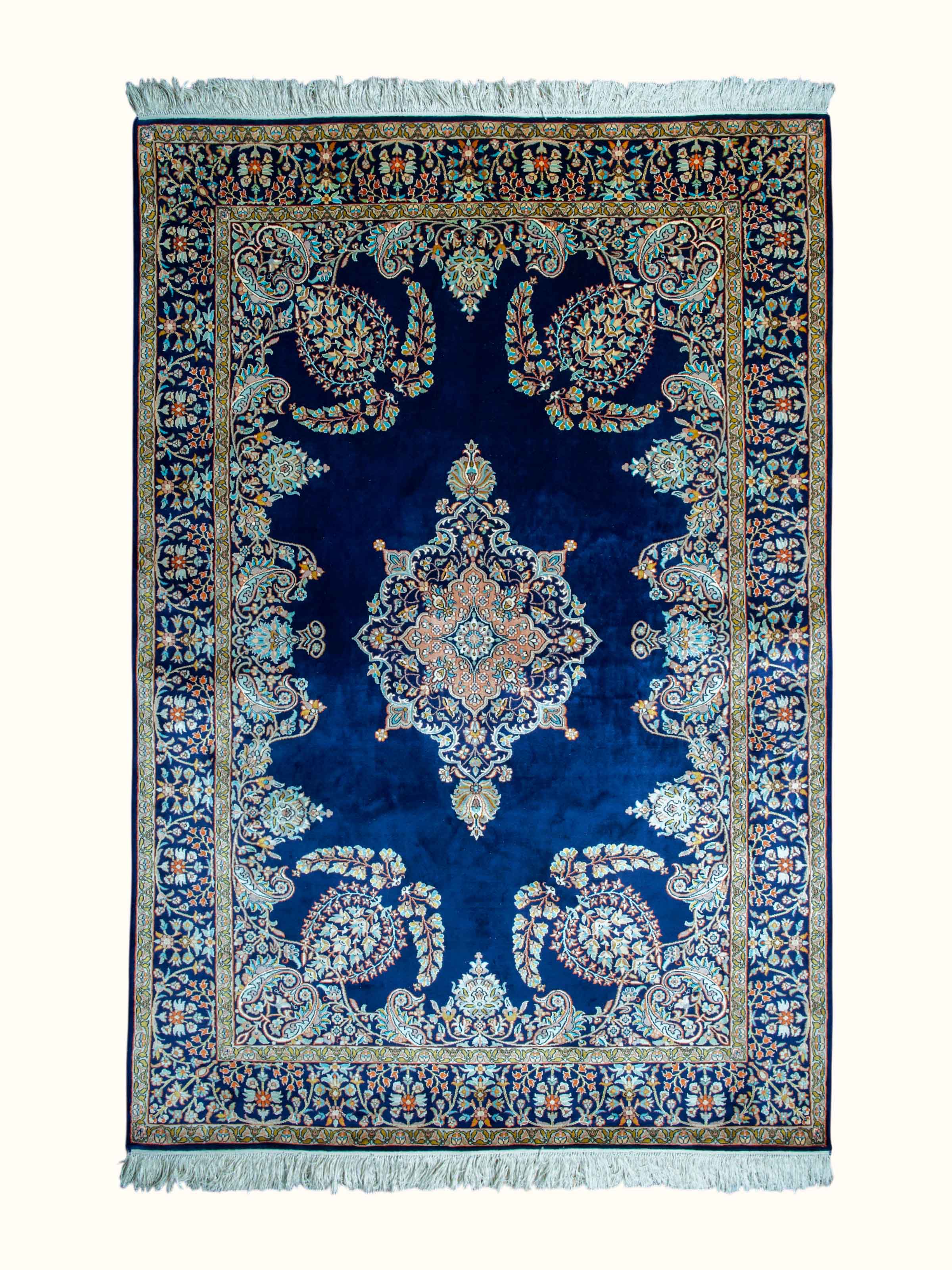 Traditional Persian Navy Mahal Kashmir Silk Hand-Knotted Carpet