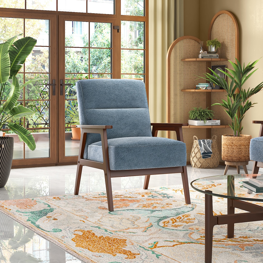 Logan 1 seater wooden sofa in Blue Fabric-image-35