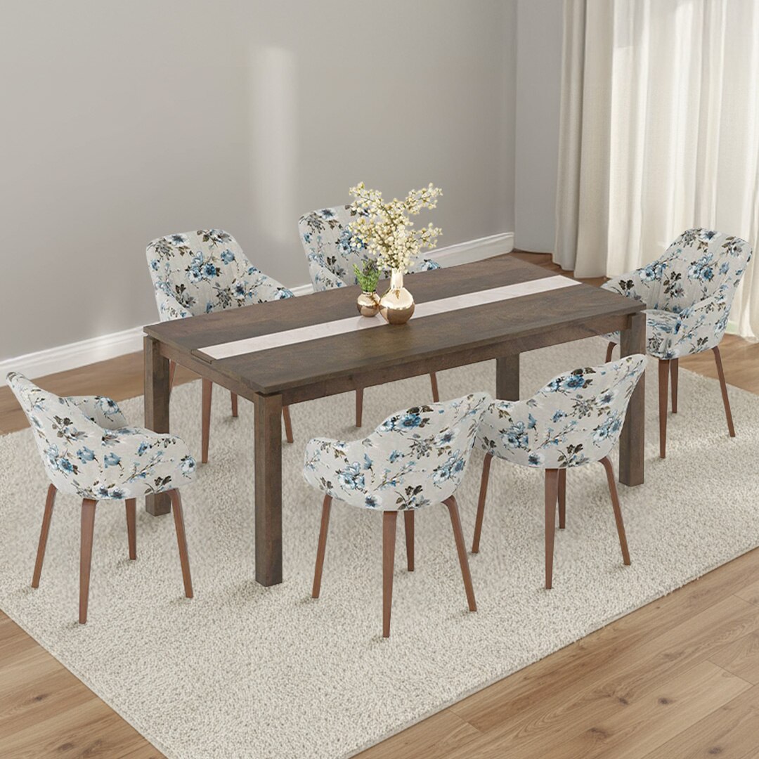 Atlas Crest Solid Wood 6 Seater Dining Table with 6 Rochelle Lounge Chair