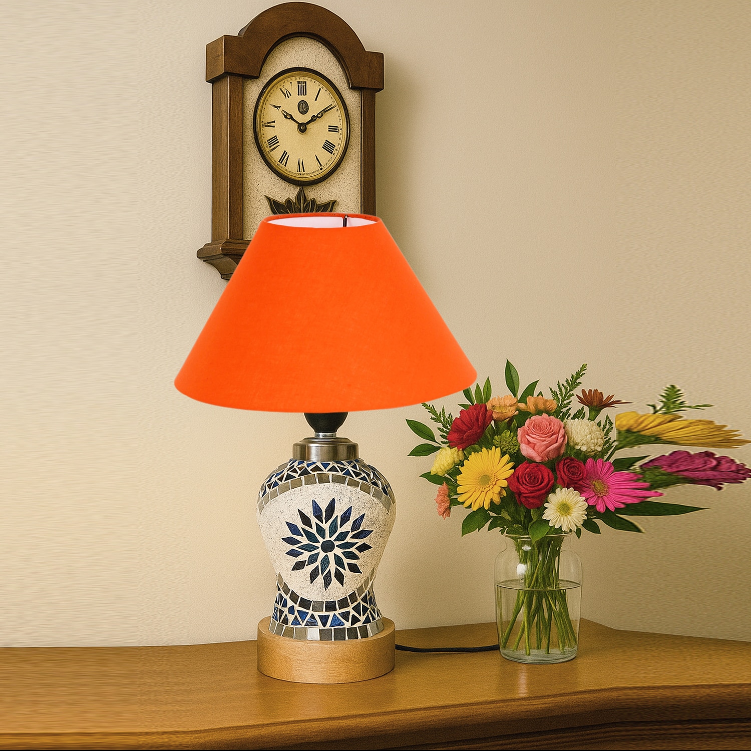 Devansh Conical Orange Cotton Shade Lamp With Wood & Mosaic Glass Base For Decoration/Office/Home/Gifting/Study For Decoration/Office/Home/Gifting/Study -(10X10X14.5) Inches -A