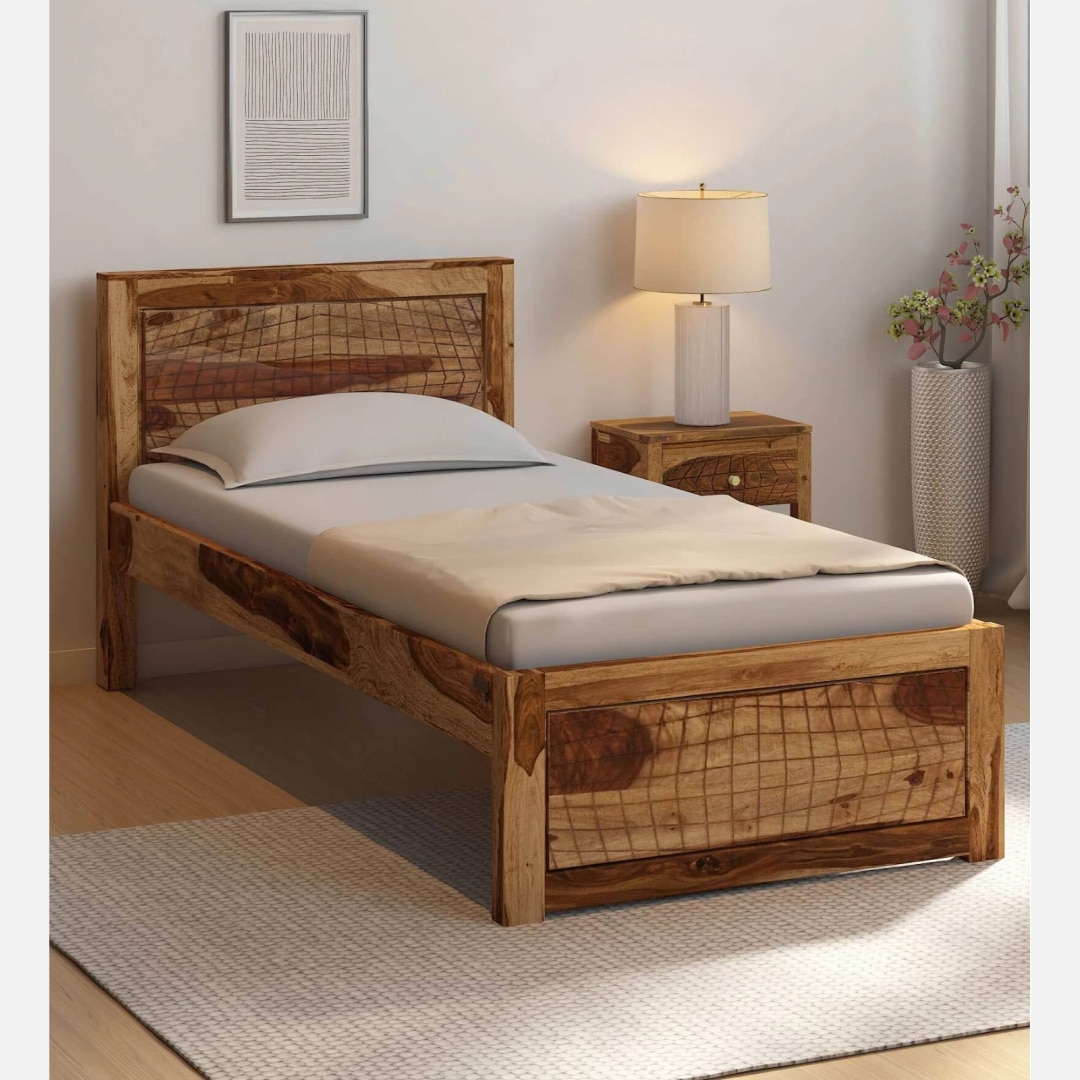 Neva Solid Wood Single  Size Bed Without Storage (Provincial Teak Finish) - Interior Valley