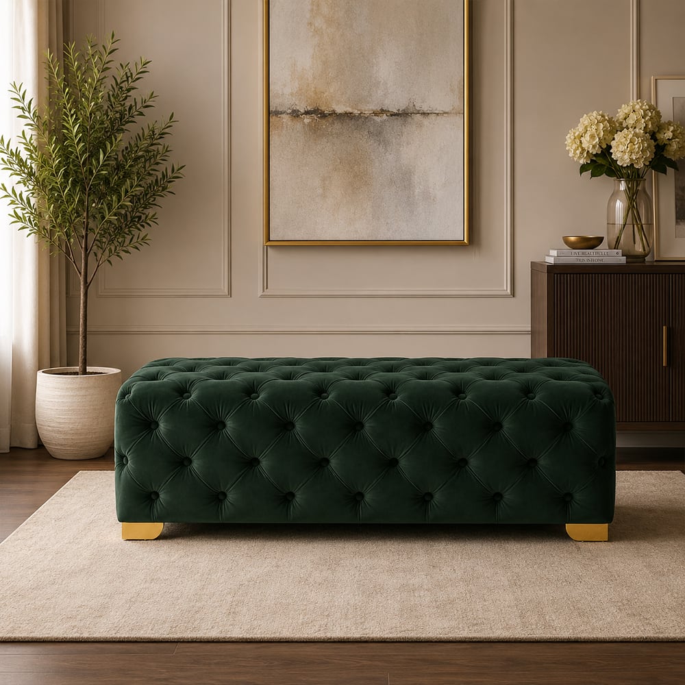 Doe Buck Velvet Tufted Bench in Green Colour with Gold Base - Doe Buck