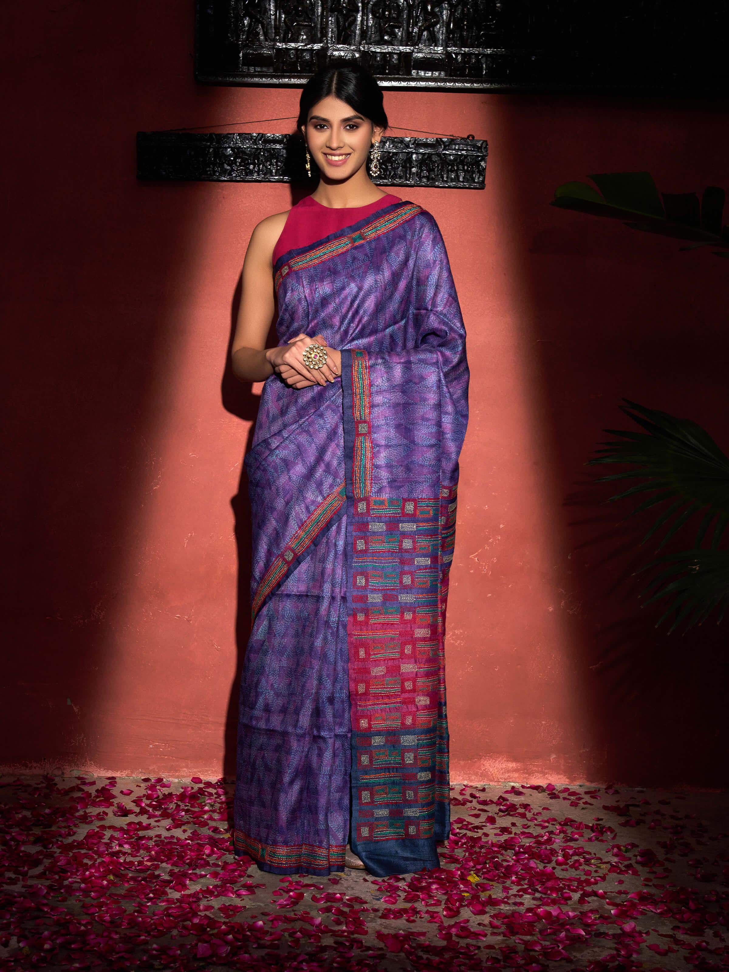 Purple Tussar Silk Discharge Block Printed Kantha Embroidered Saree