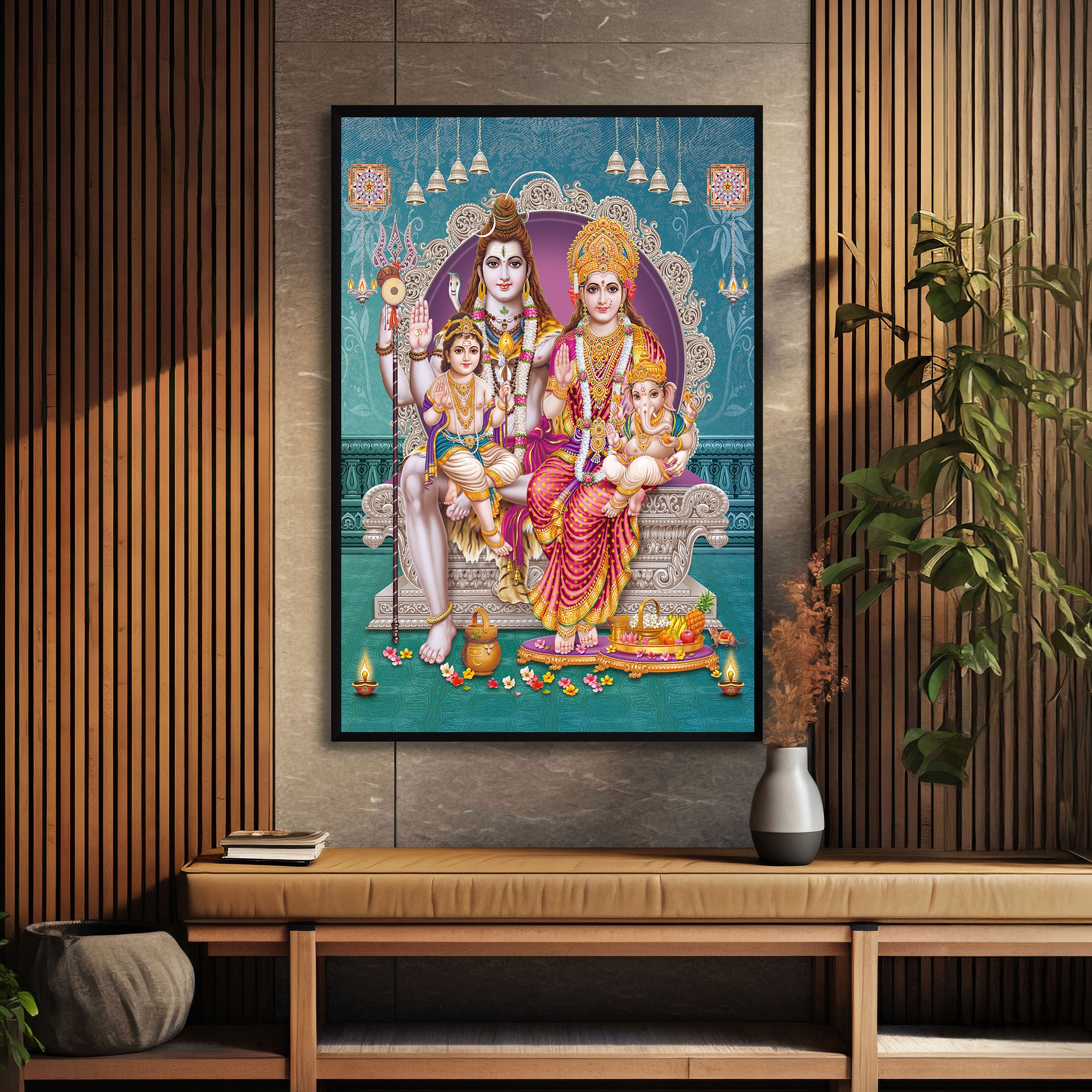 The Castle Decor Lord Shiva Parivar Wall Painting Framed Artwork 20x30 Inch Style 3 - The Castle Decor