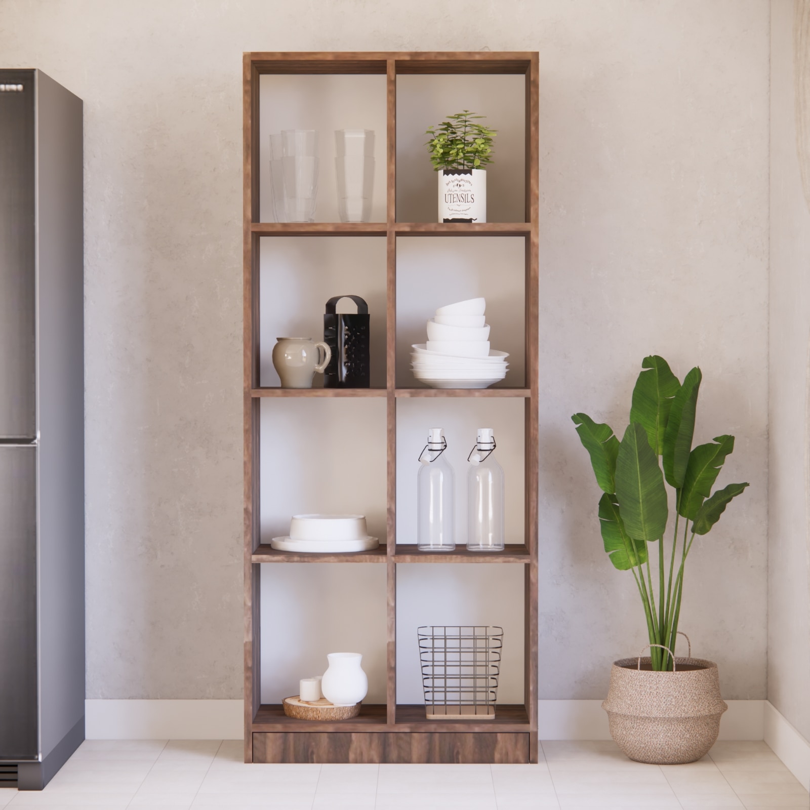 8 Shelves Open Multipurpose Matrix Kitchen Cabinet In Cochwood Brown Finish - Speciality Panels