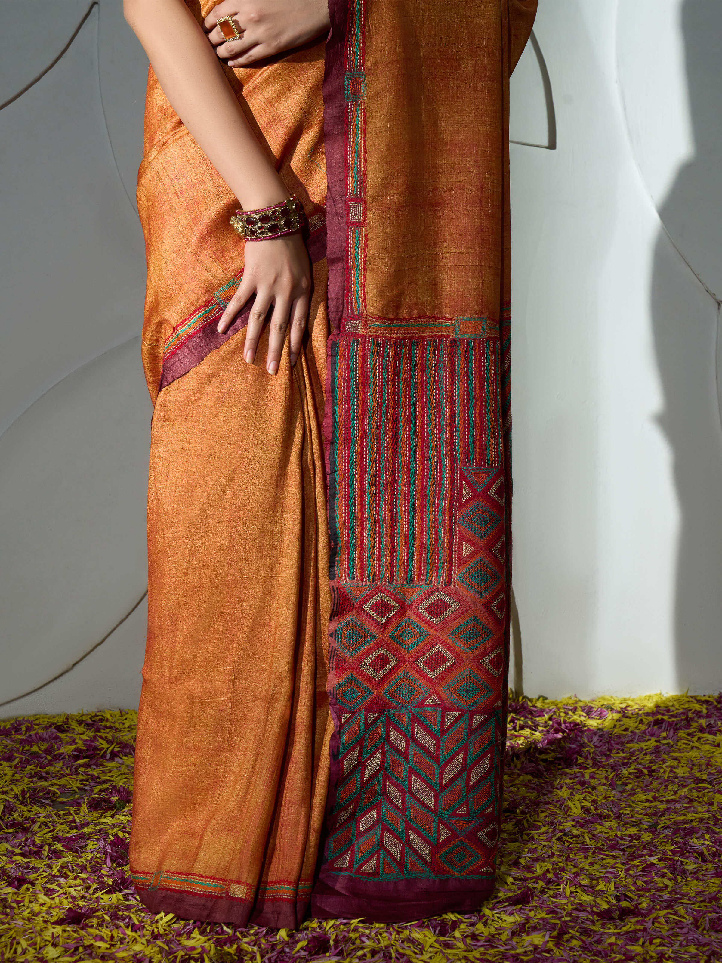 Rustorange Tussar Silk Discharge Block Kantha Embroidered Saree