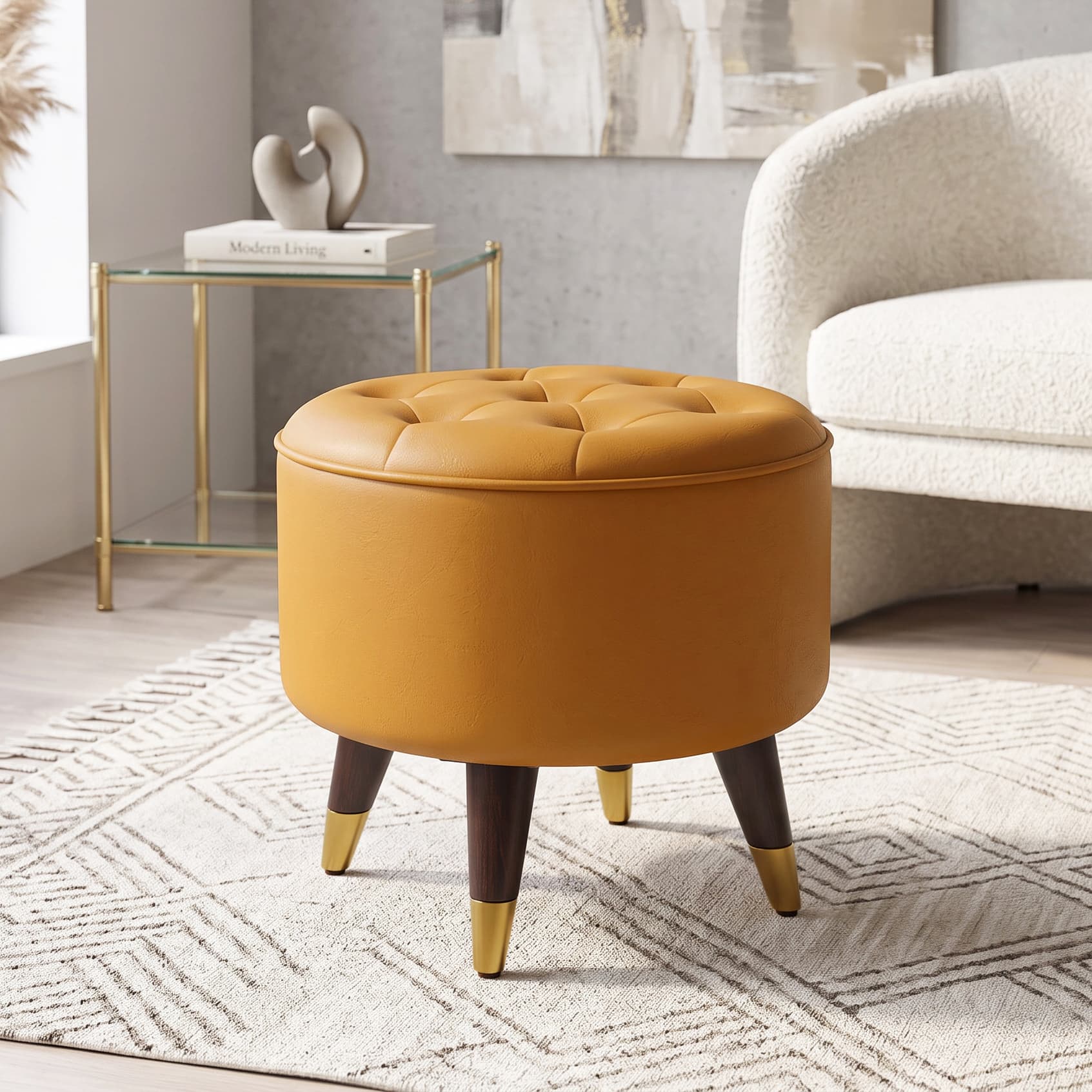 Rene Tuffed Pouffee In Mango Walnut Finish with Mustard Leatherette Colour