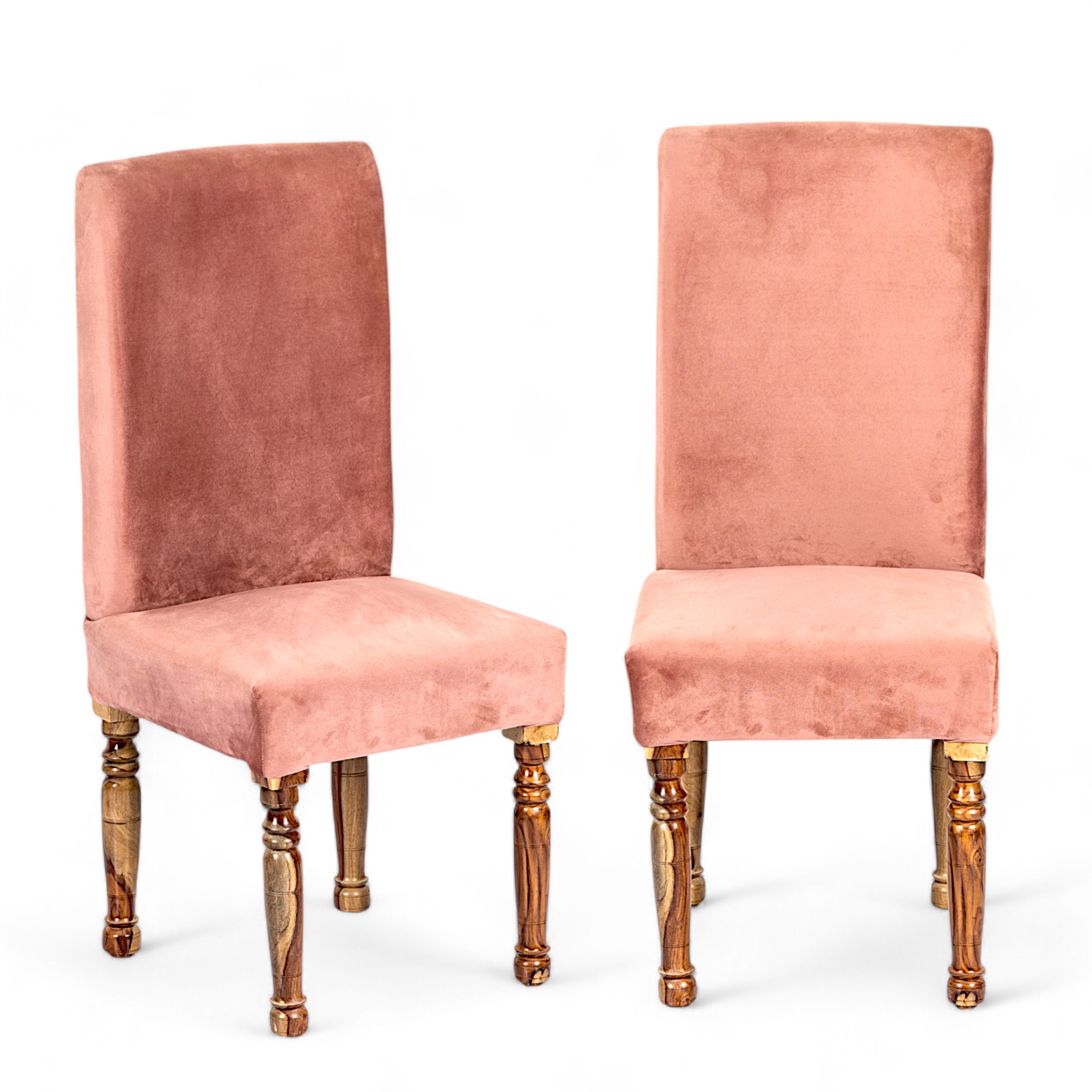 Rosslyn wood Accent Set of 2 Dining Chairs in Coral Pink Velvet Upholstery with TEAK FINISH