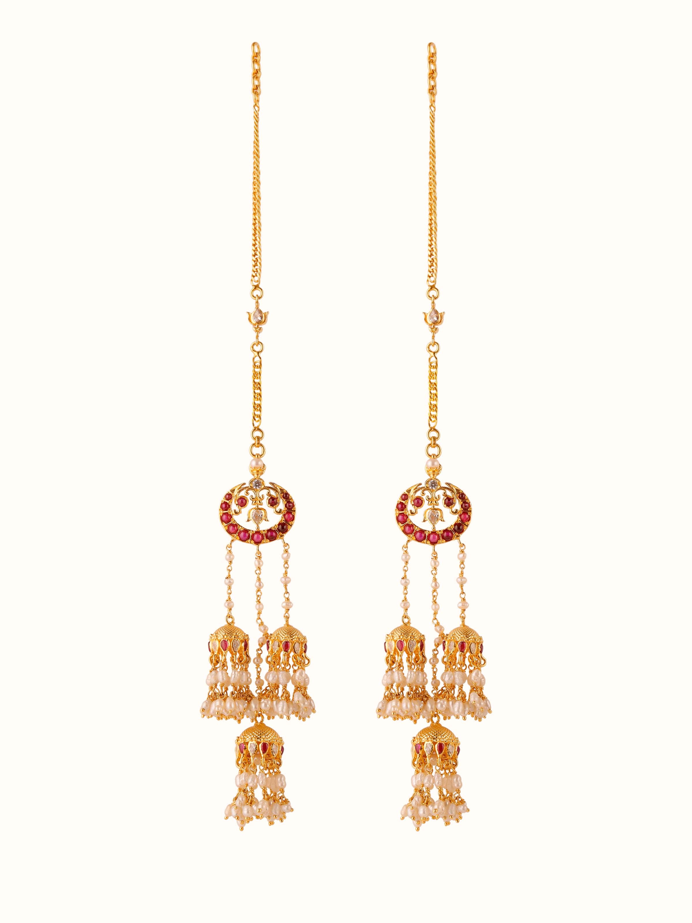 Front view of Guttapusalu silver drop earrings showcasing intricate detailing and pearl accents
