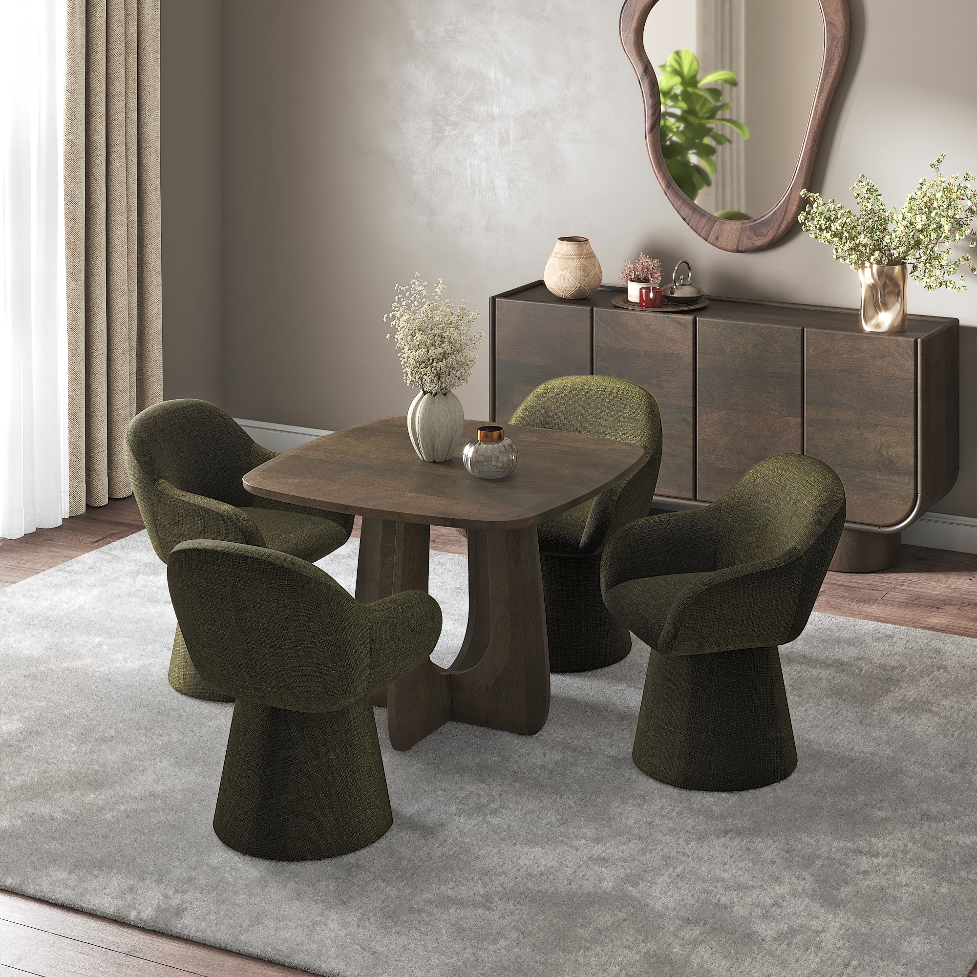 Aero Solid Wood 4 Seater Dining Table With 4 Selene Upholstered Accent Chair