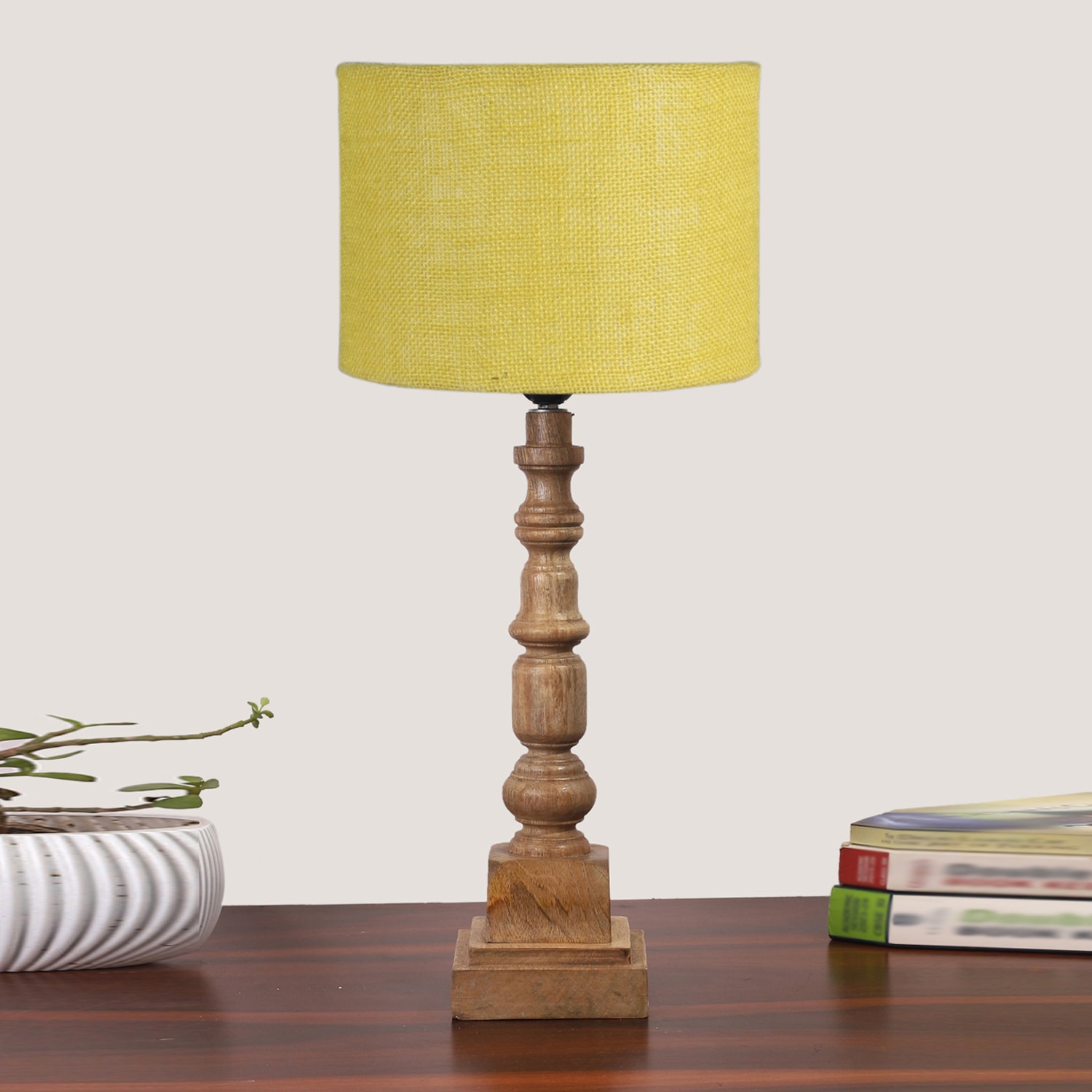 Devansh Yellow  Jute   Table Lamp With  Wood Natural Base (7X7X21.25 Inches)-17 - Devansh