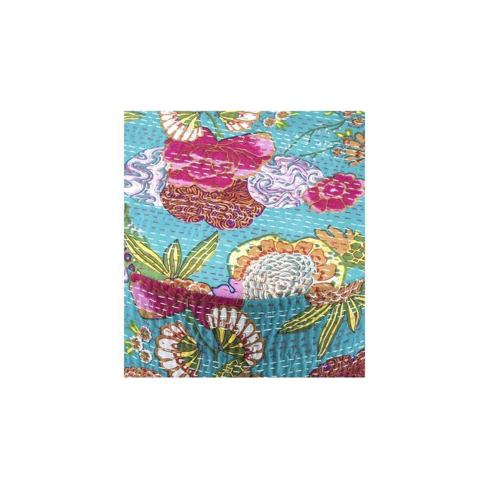 Morgan Solid Wood Pouf Stool in Floral Print Green Kantha Fabric
