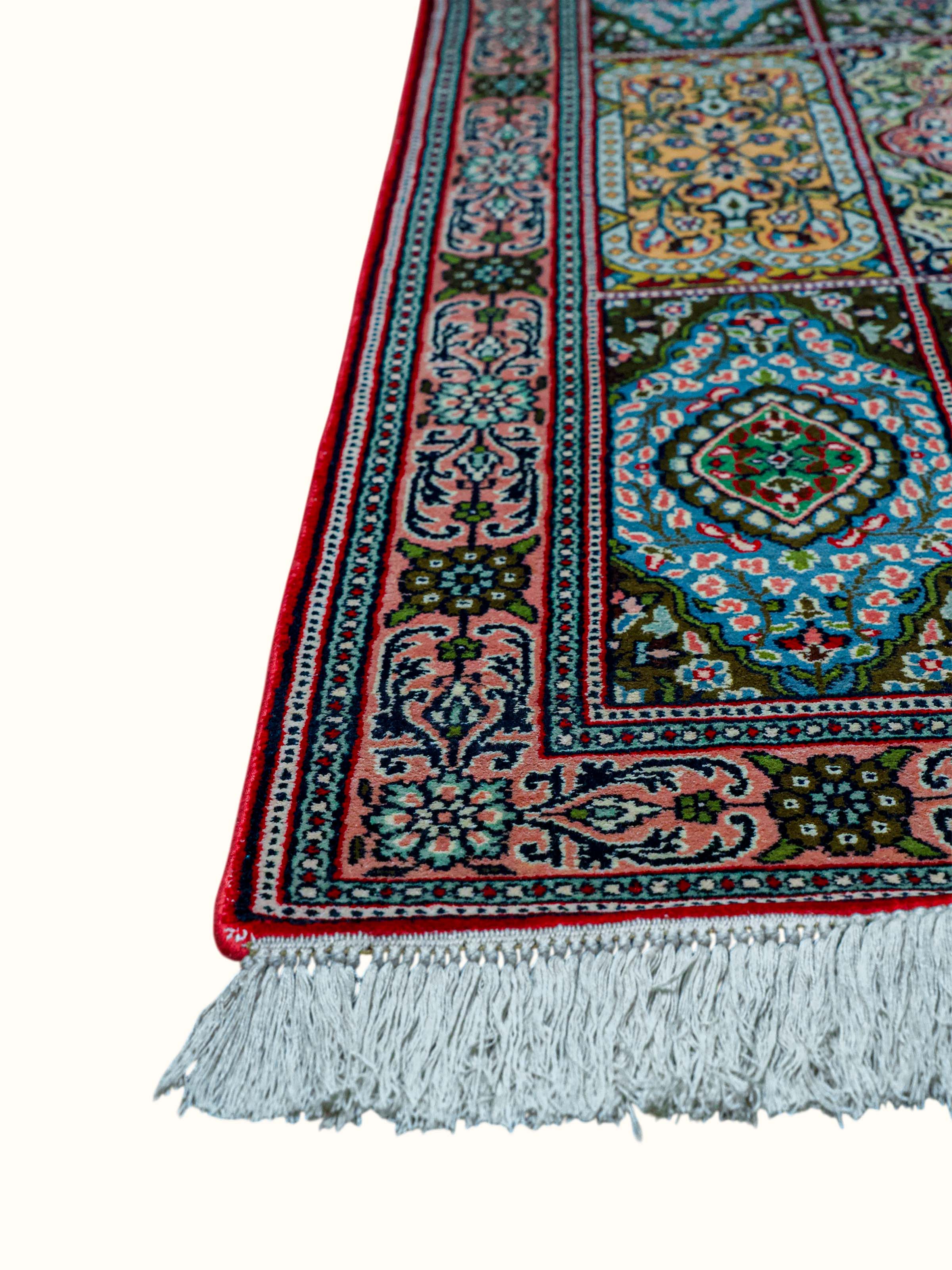 Traditional Persian Green Gum Kashmir Silk Hand-Knotted Carpet