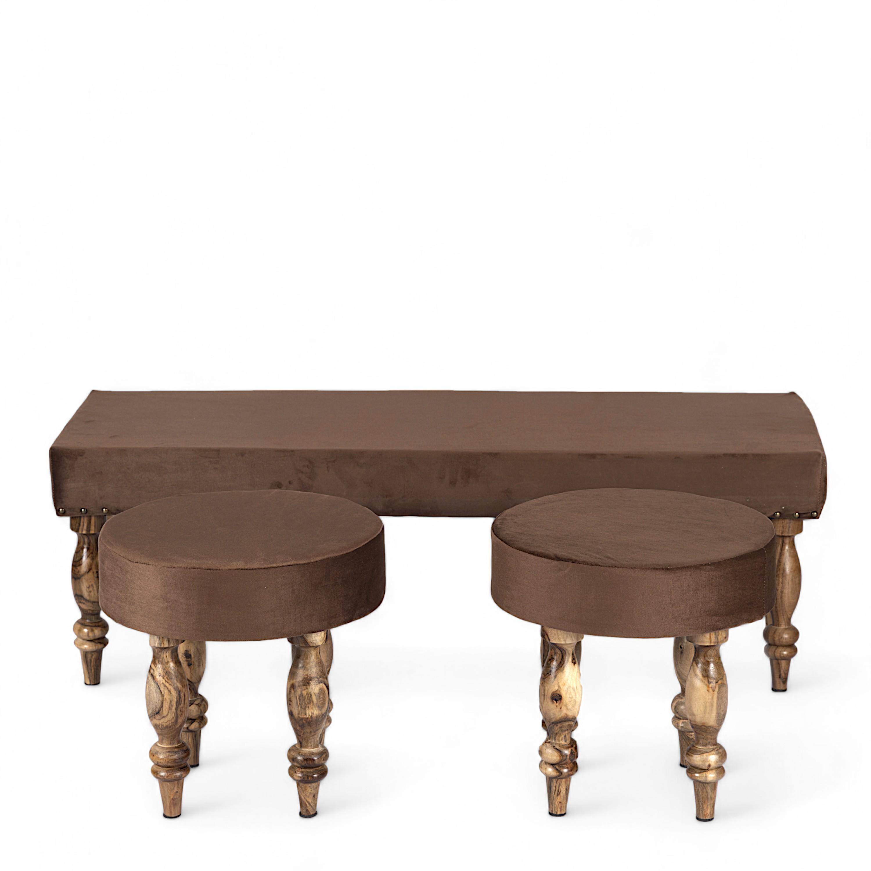 Cairo Sheesham Wood Accent 3+1+1 Seater Bench Set With 2 Stools In Taupe Brown Velvet