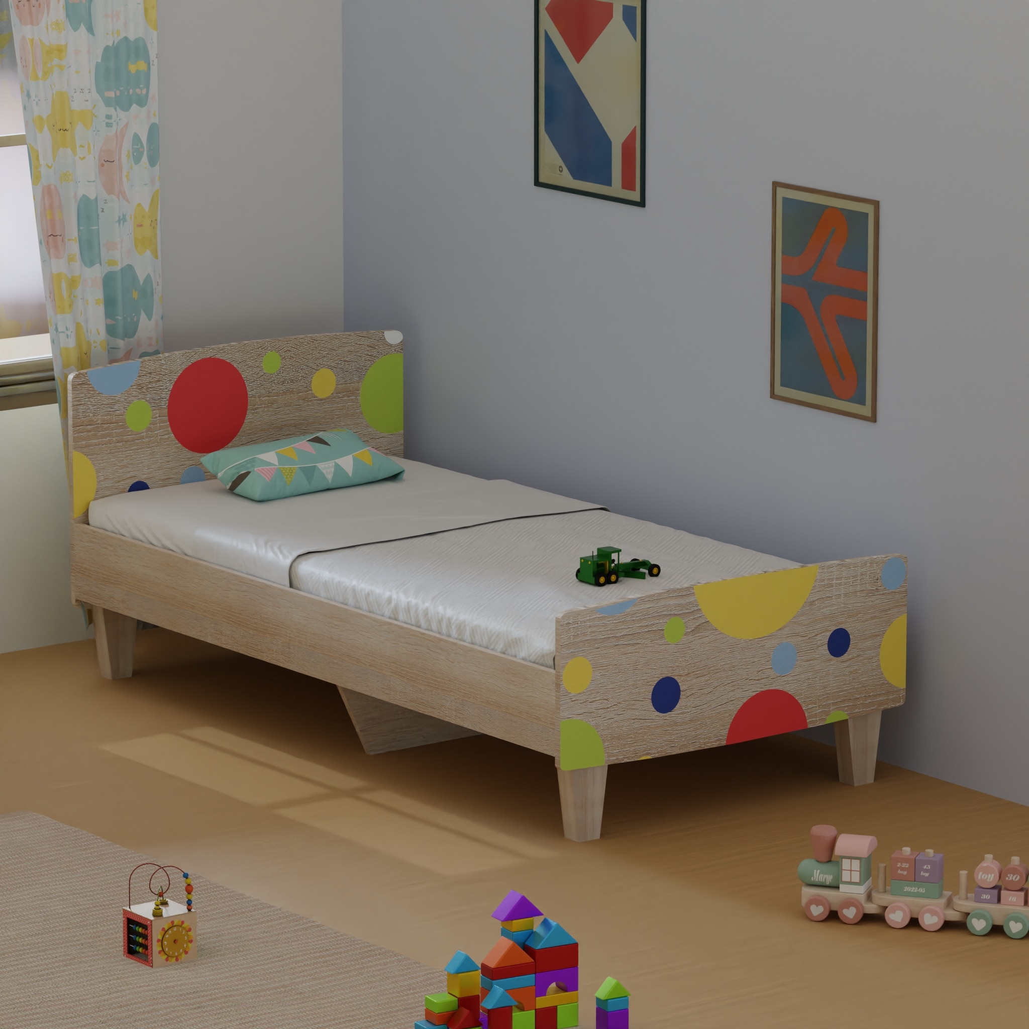 Minimalist Kids Single Bed in Oak and Multicolor - Boingg! - A Happy Start