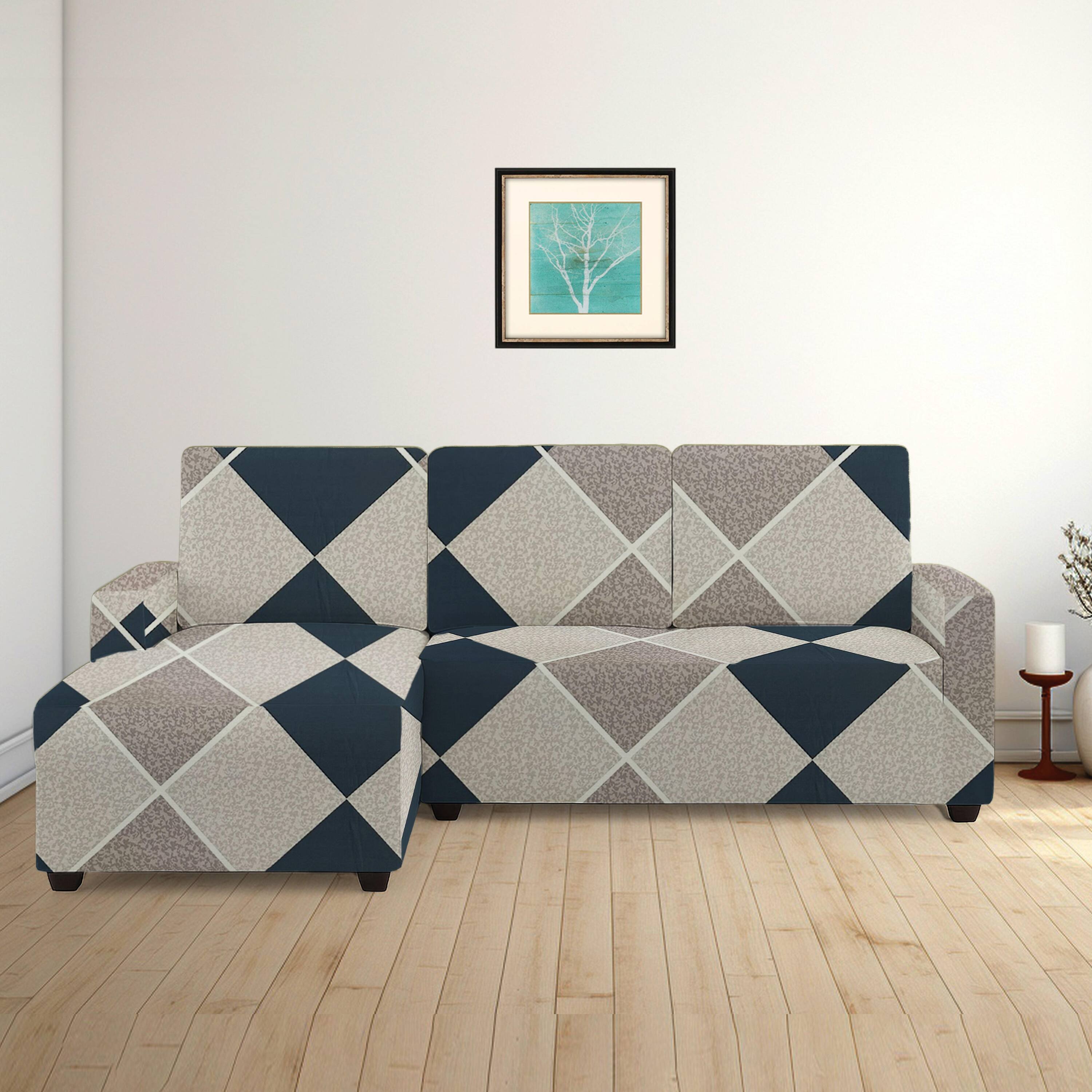 Left Aligned 2 Seater Left Aligned Chaise Navy Cubes Sofa Cover
