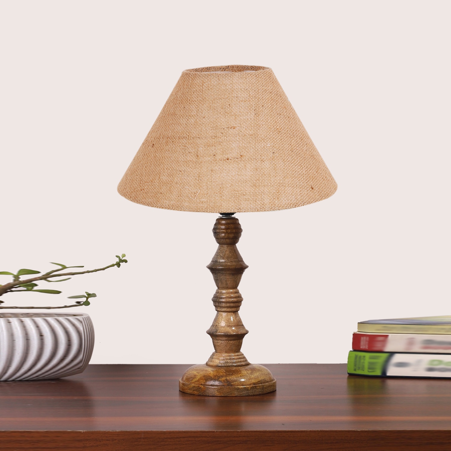 Devansh Beige Jute Table Lamp With  Wood Natural Base(10X10X16) Inches)-34