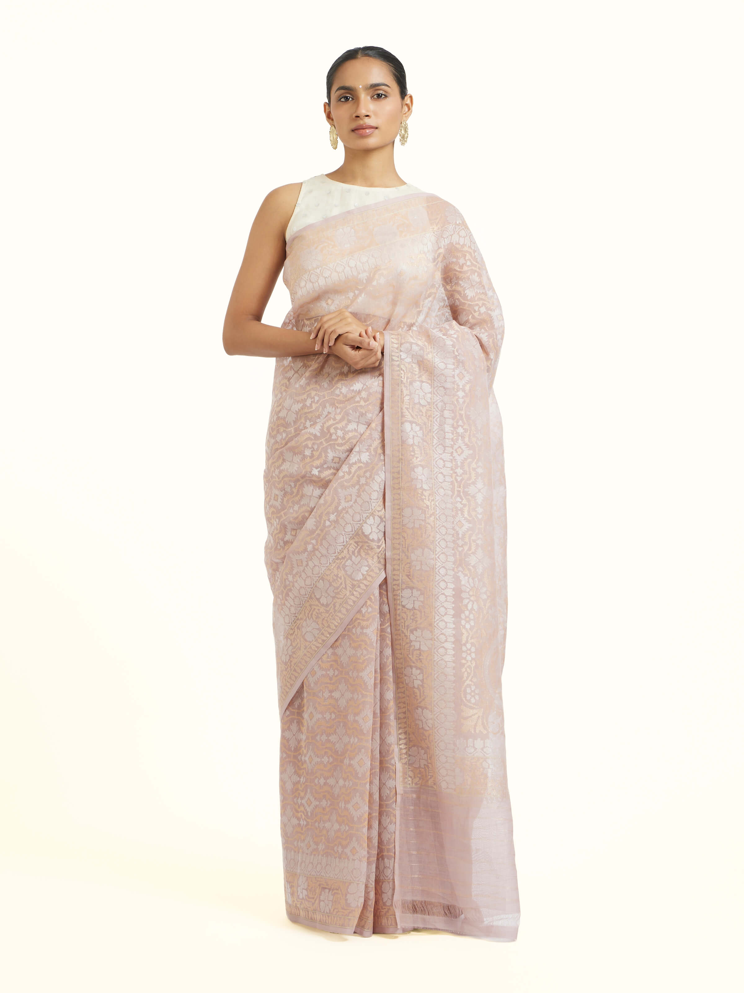 Front view of the Peach Cotton Awadh Jamdani Banarasi Saree
