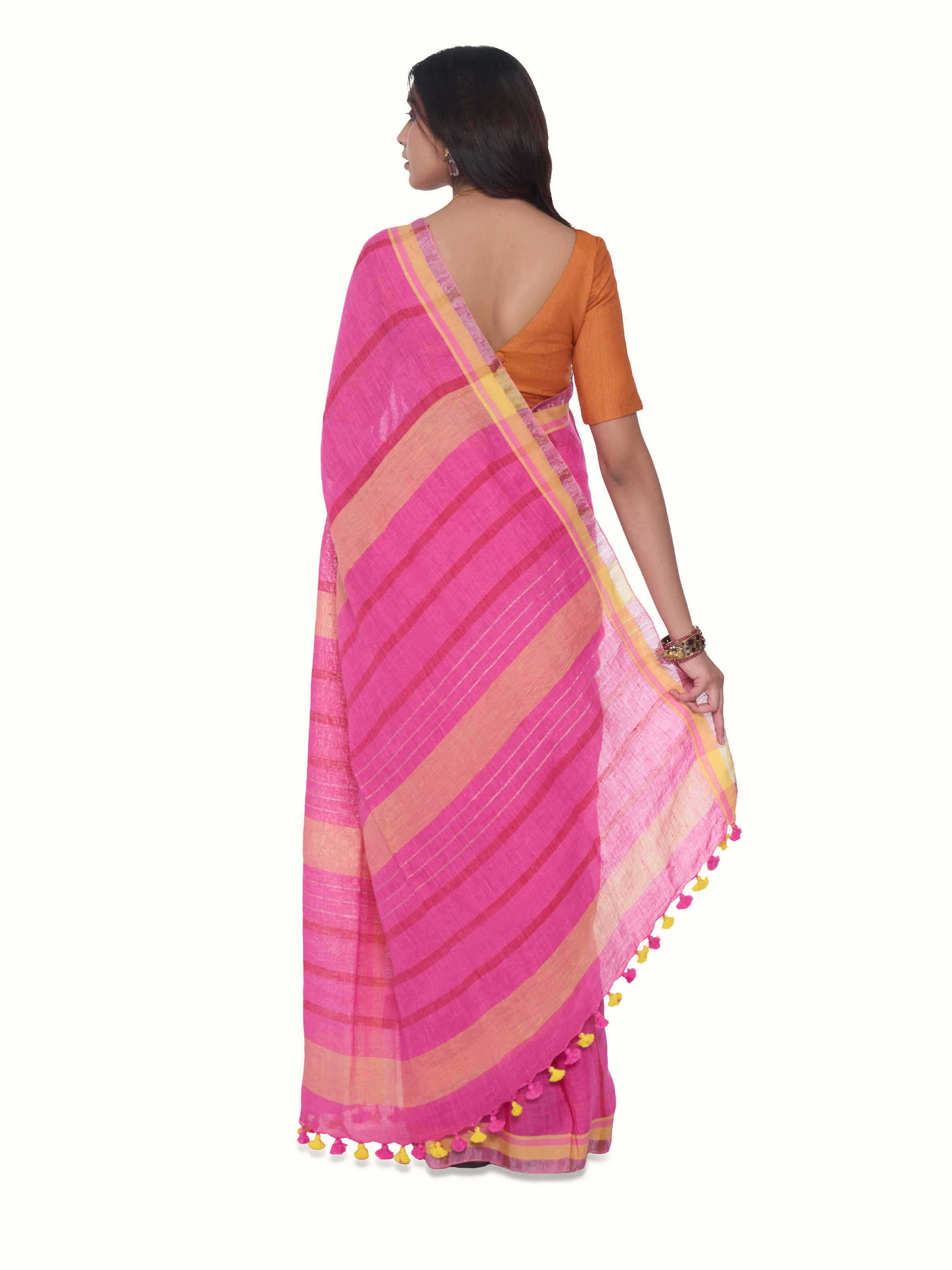 Back view of pink linen striped saree displaying overall stripe layout