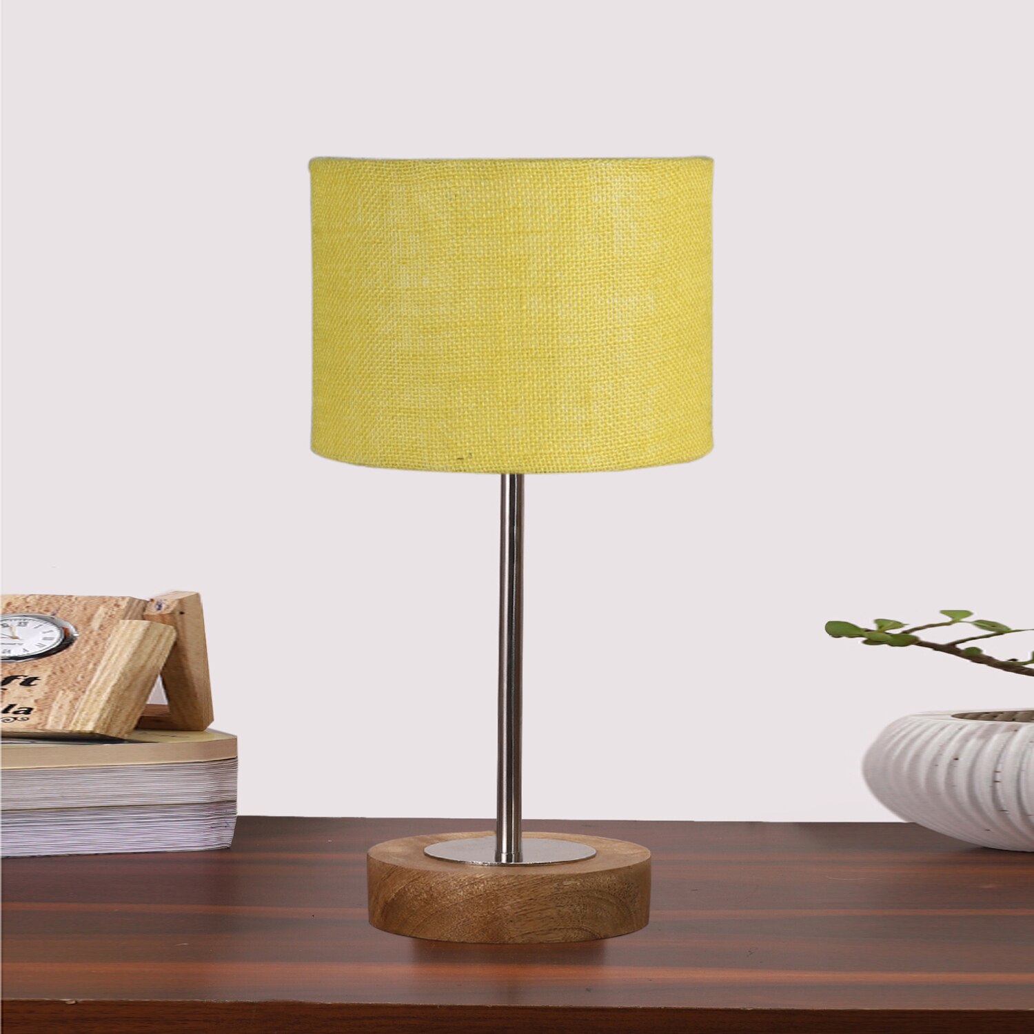 Devansh Yellow Jute Table Lamp With Natural Wood Base & Steel Pipe (7X17 Inches)-17