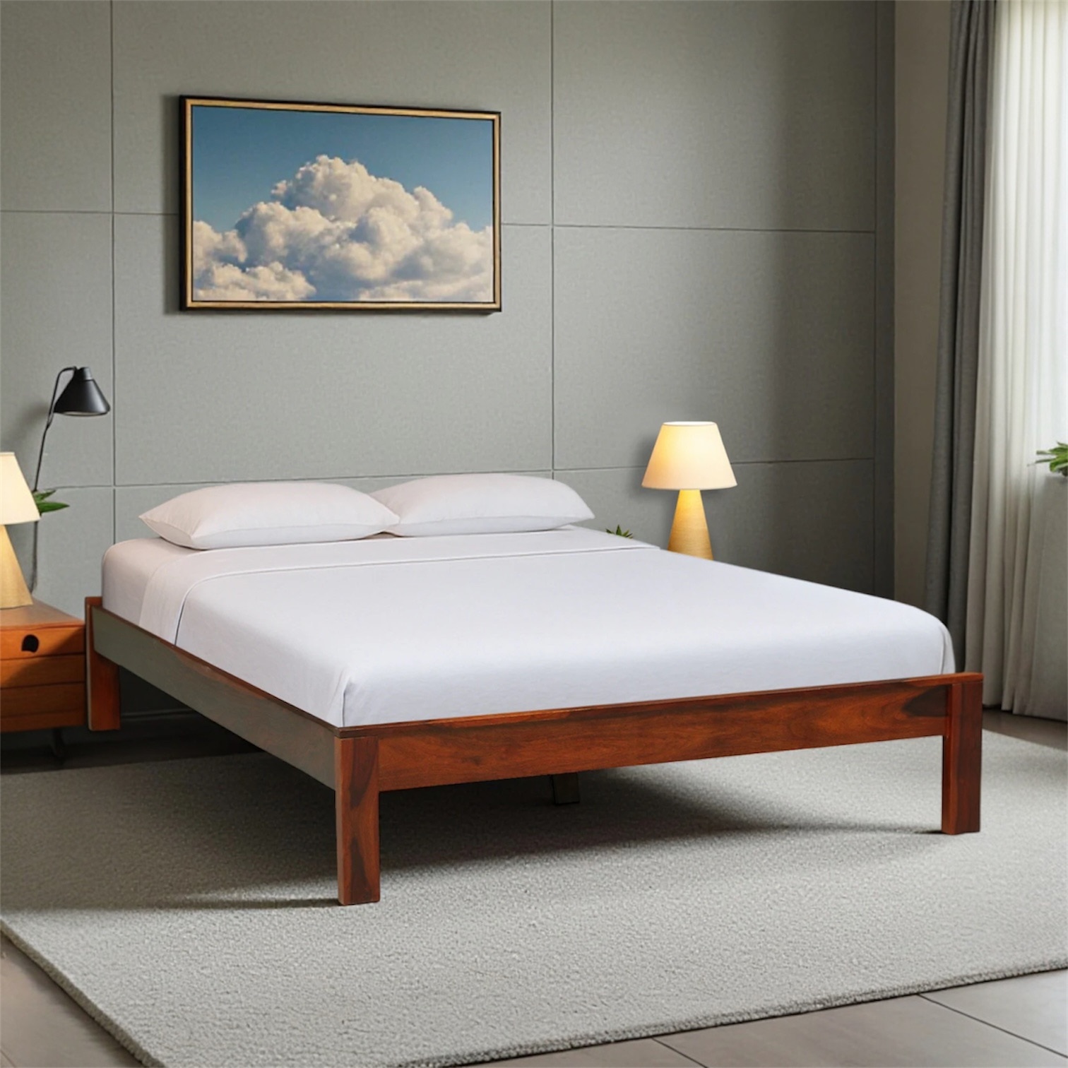 Harlin Solid Wood King  Size Upholstered Bed Without Storage (Provincial Teak Finish)