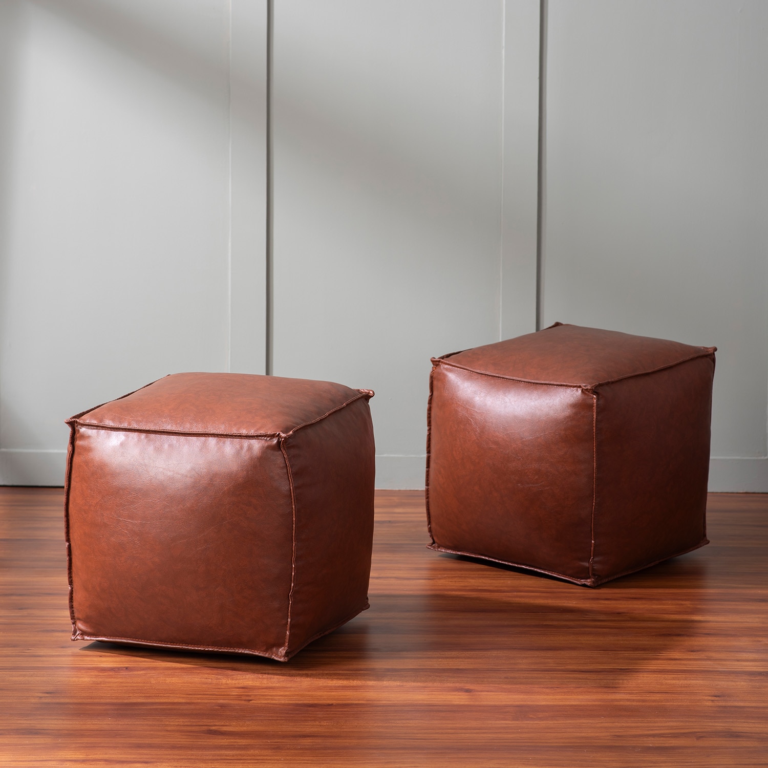 Cuboid Collection Dark Brown Faux Leather Pouf Ottoman Set Of 2 - Nestroots