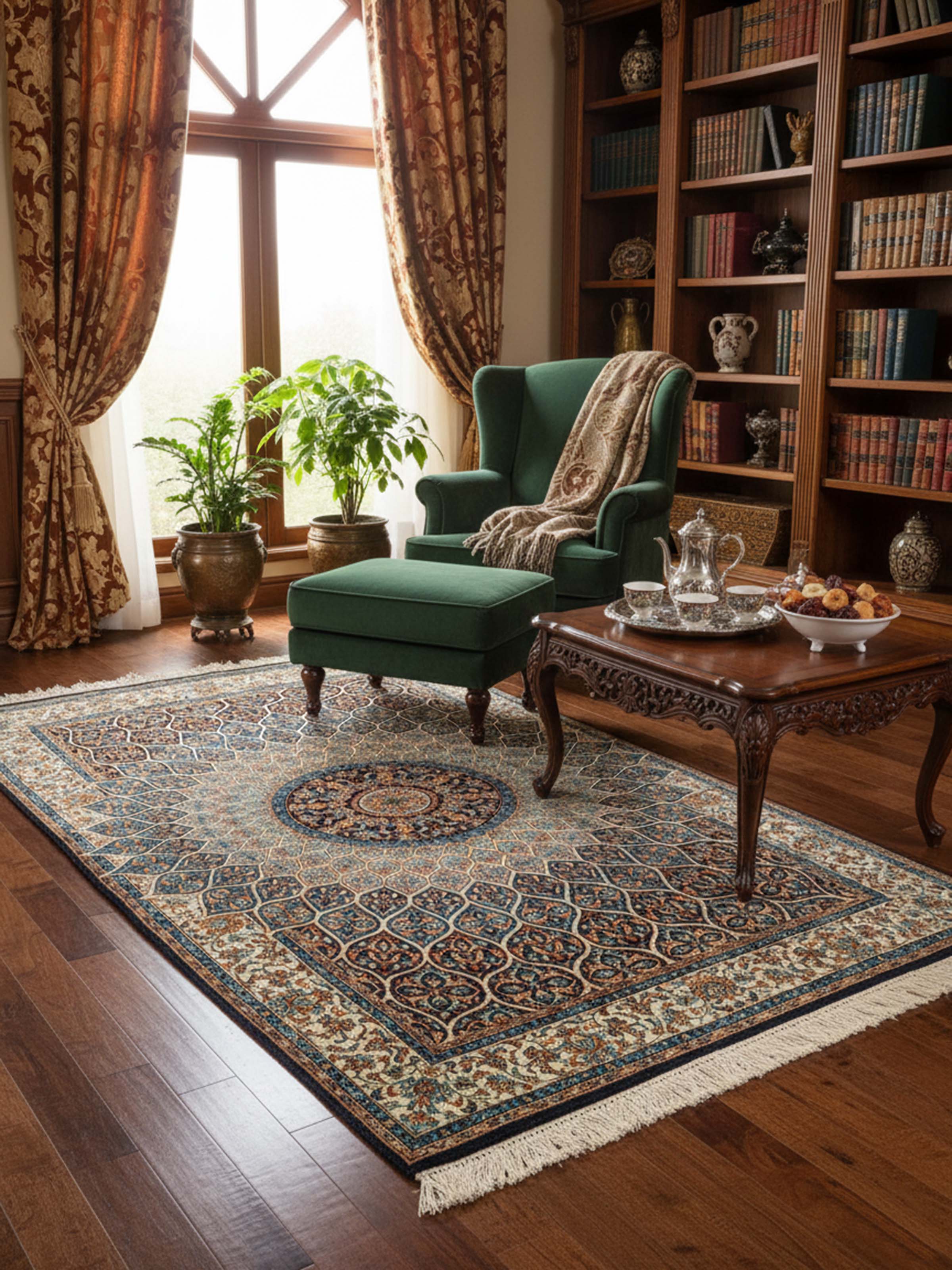 Traditional Persian Blue Gumbad Kashmir Silk Hand-Knotted Rug