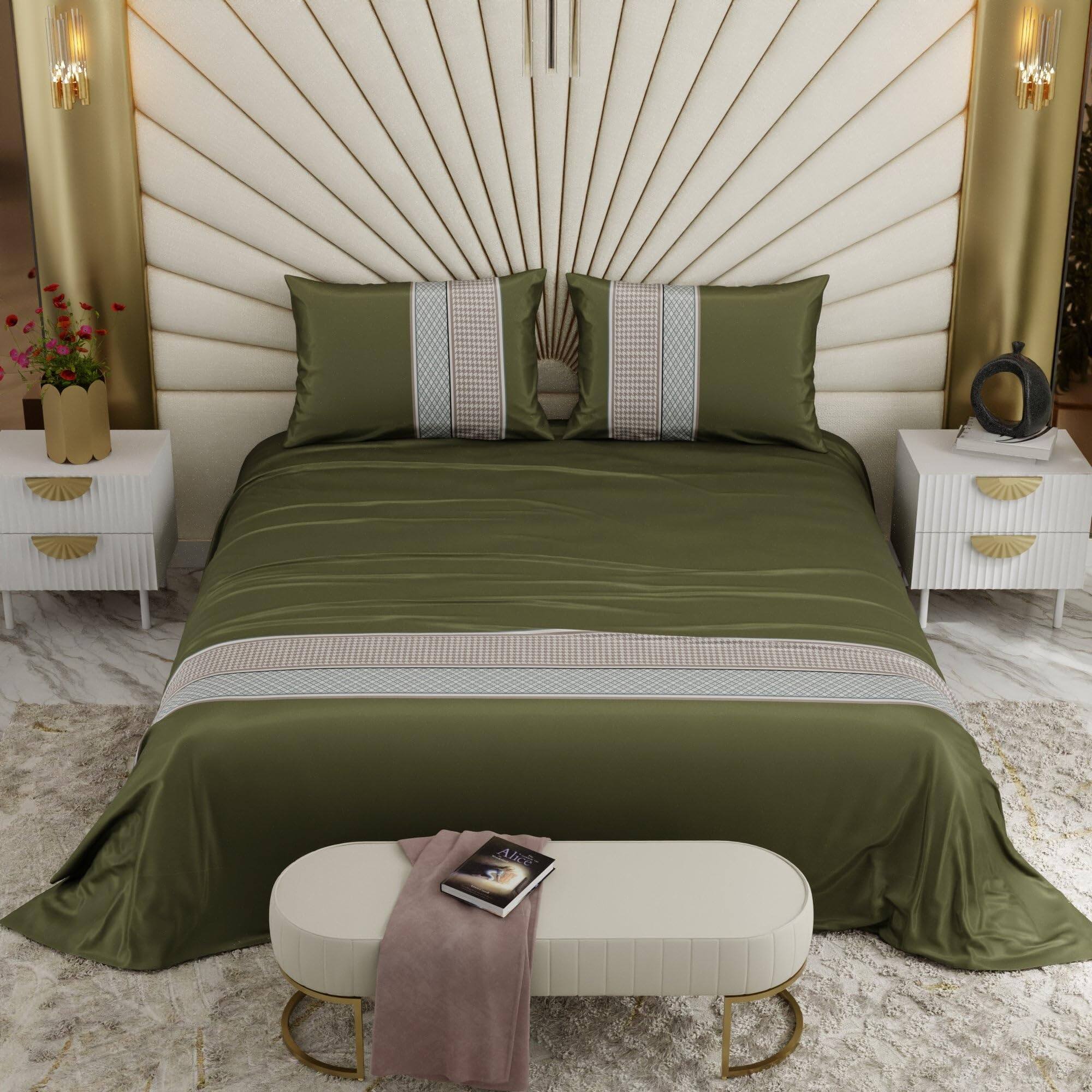 Stoa Paris Satin Bedsheet for Super King Bed (274 cm x 274 cm) with 2 Pillow Covers heet for Palace Gardens Olive - Stoa Paris