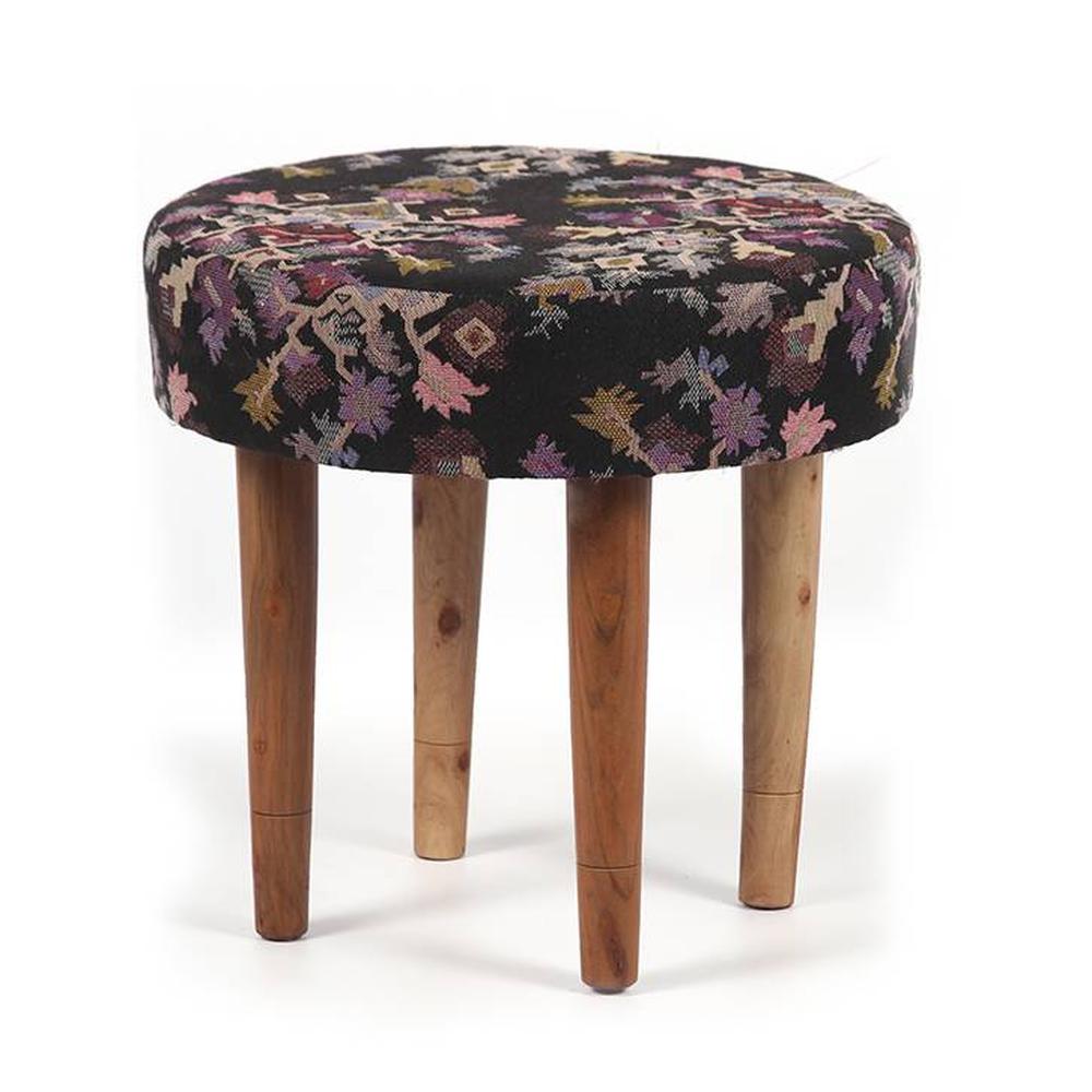 Nayla Solid Wood Stool in Black Leaves Jackard fabric - Ikiriya