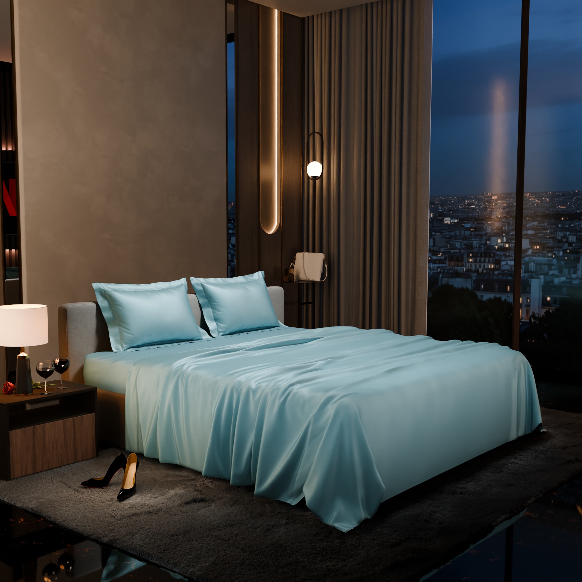 Stoa Paris Satin Bedsheet King Size with 2 Pillow Covers heet King Dreamy Blue - Stoa Paris