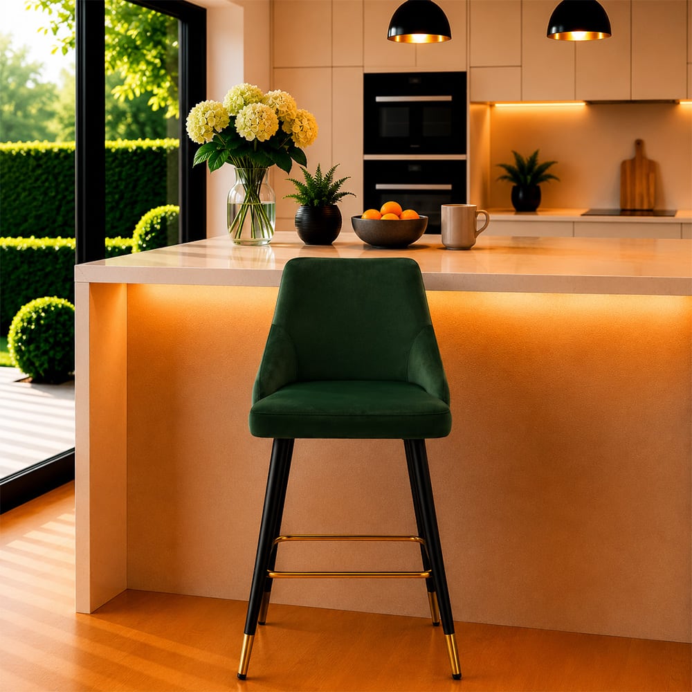 Doe Buck Upholstered Counter Height Bar Stool in Green Colour with Gold Accents - Doe Buck