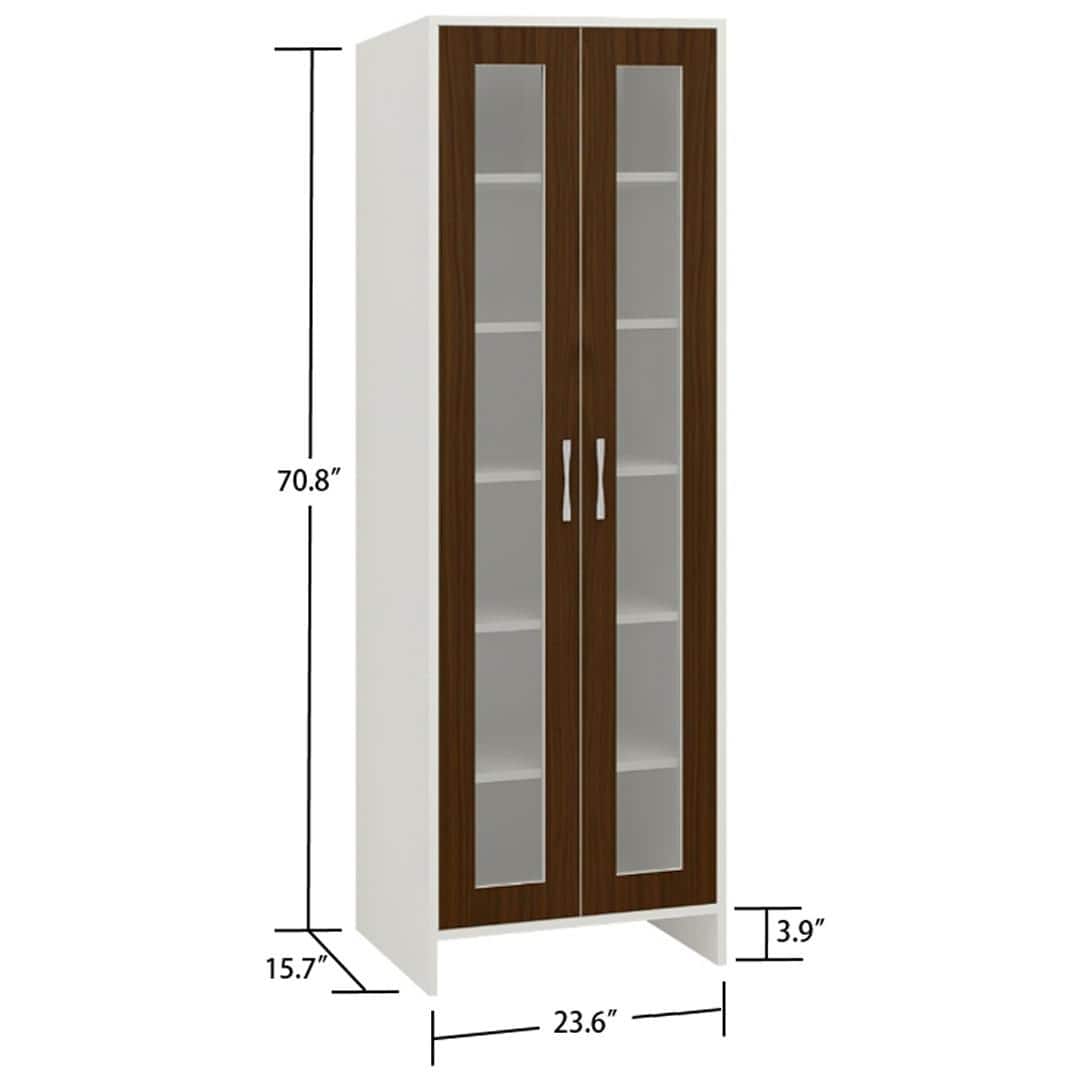 Atlanta Tall Crockery cum Bookshelf Cabinet with Toughened Glass Shutters in Coffee Walnut Colour