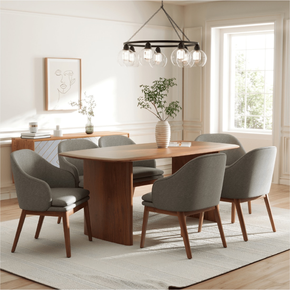 Anish Solid Wood Dining Table with Six Wayane Arm Chairs in Grey Colour - Orange Tree