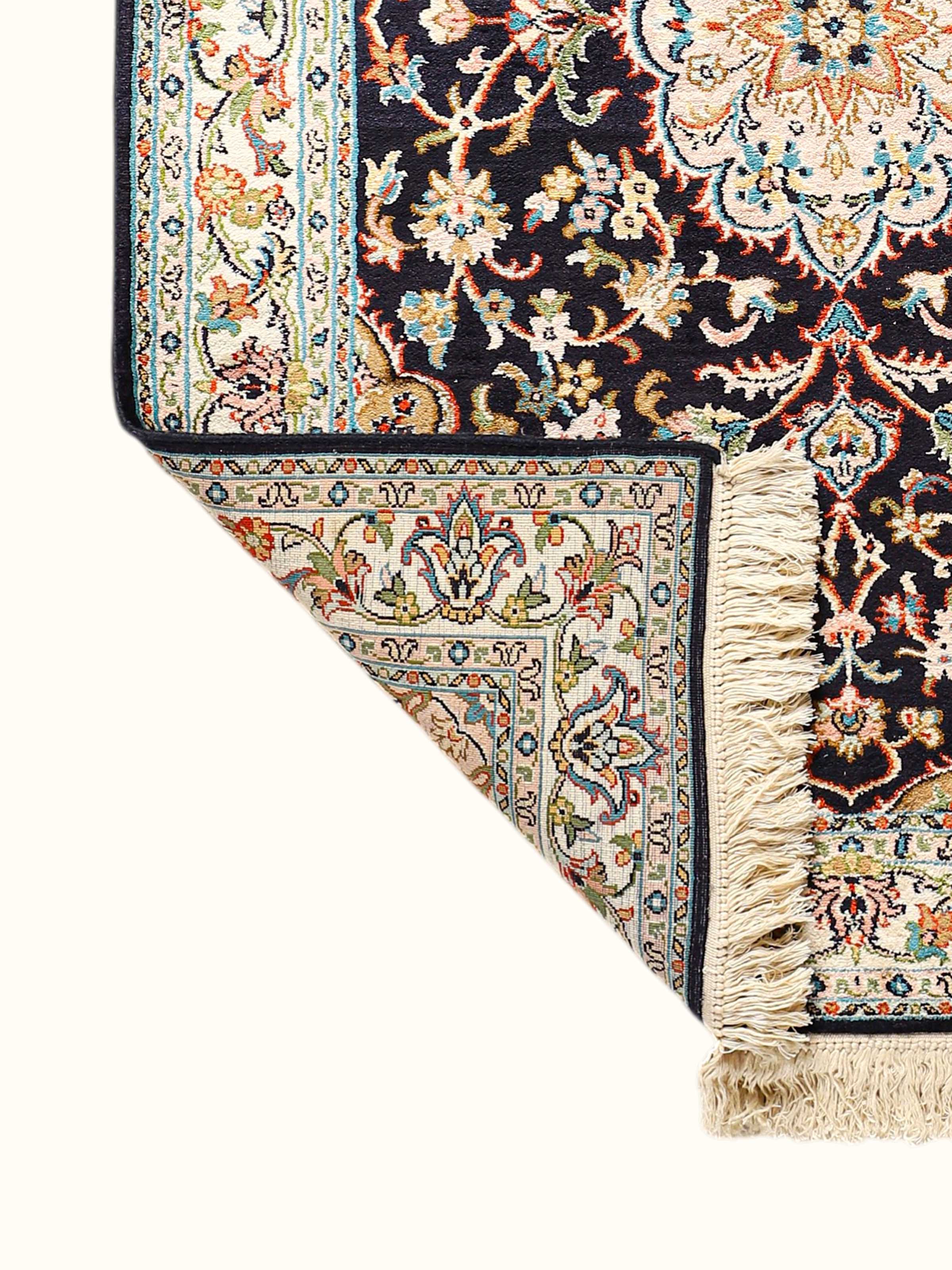 Traditional Persian Navy Rust Kashan Kashmir Silk Hand-Knotted Carpet