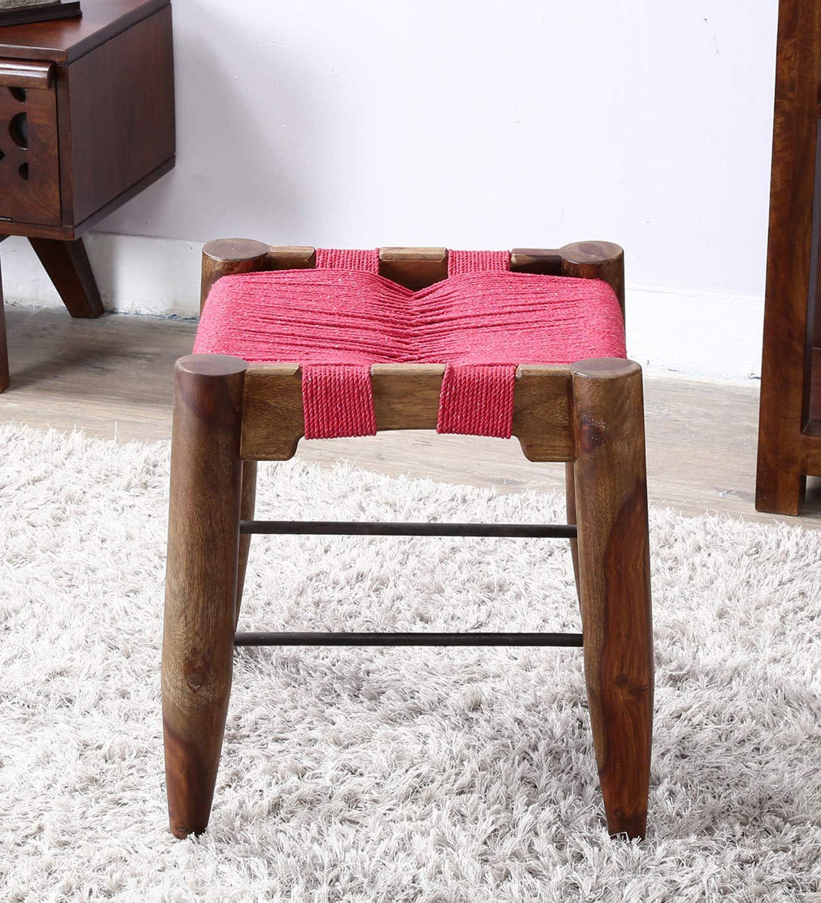 Yonnet Sheesham Wood Seating Stool In Brown & Black Colour