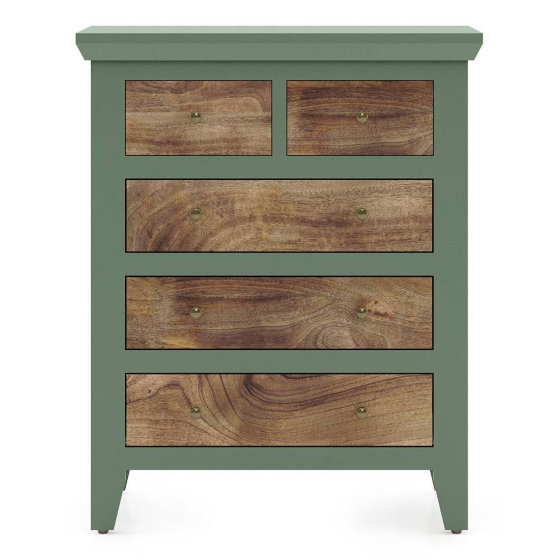 Avelin Solid Wood Chest of 5 Drawers in Sage Green Finish