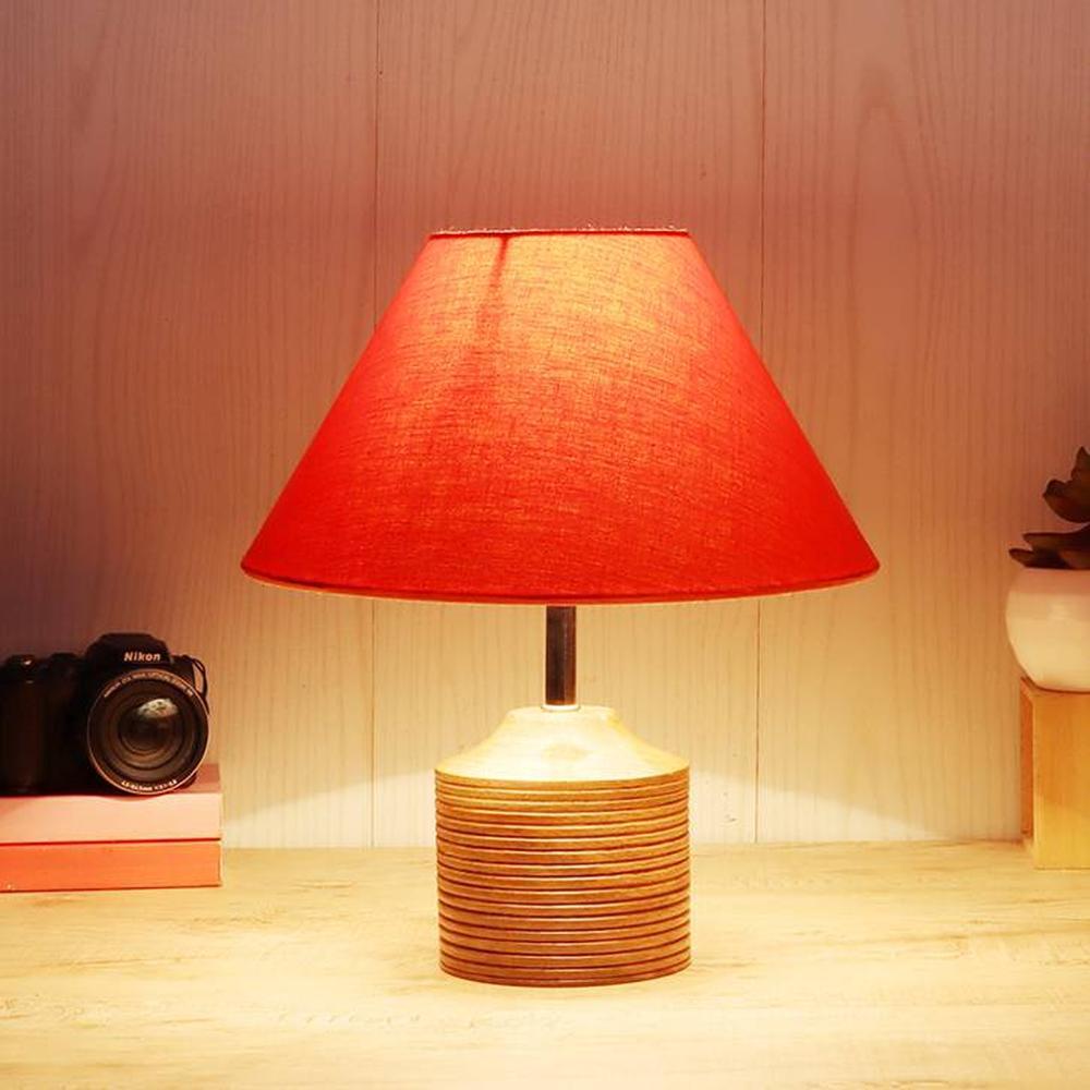 Jean Orange Fabric Shade Table Lamp with Natural Wooden Base