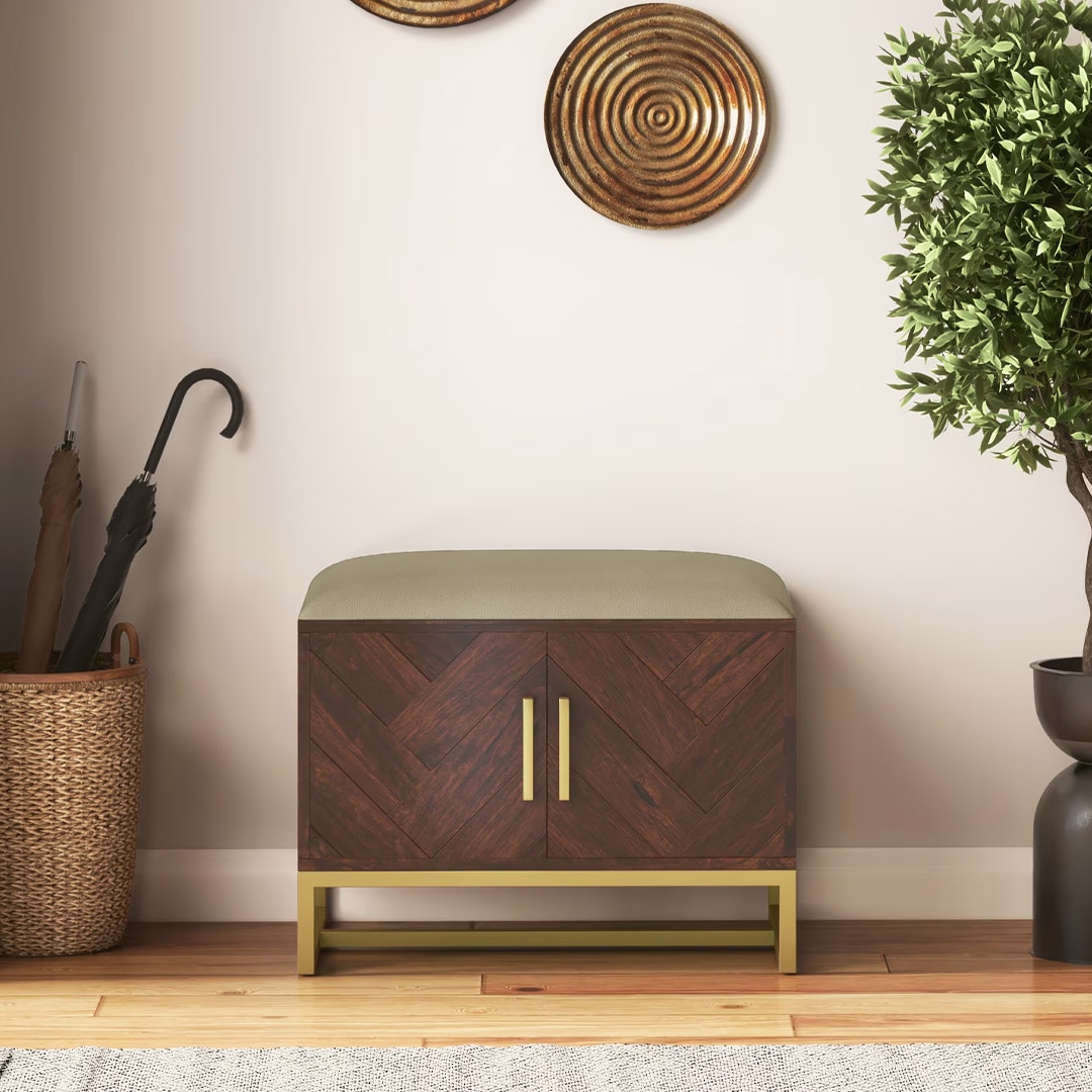 Nina 4 Pairs Solid Wood Shoe Cabinet With Seat In Mango Walnut Finish Taupe Leatherette - Urban Ladder