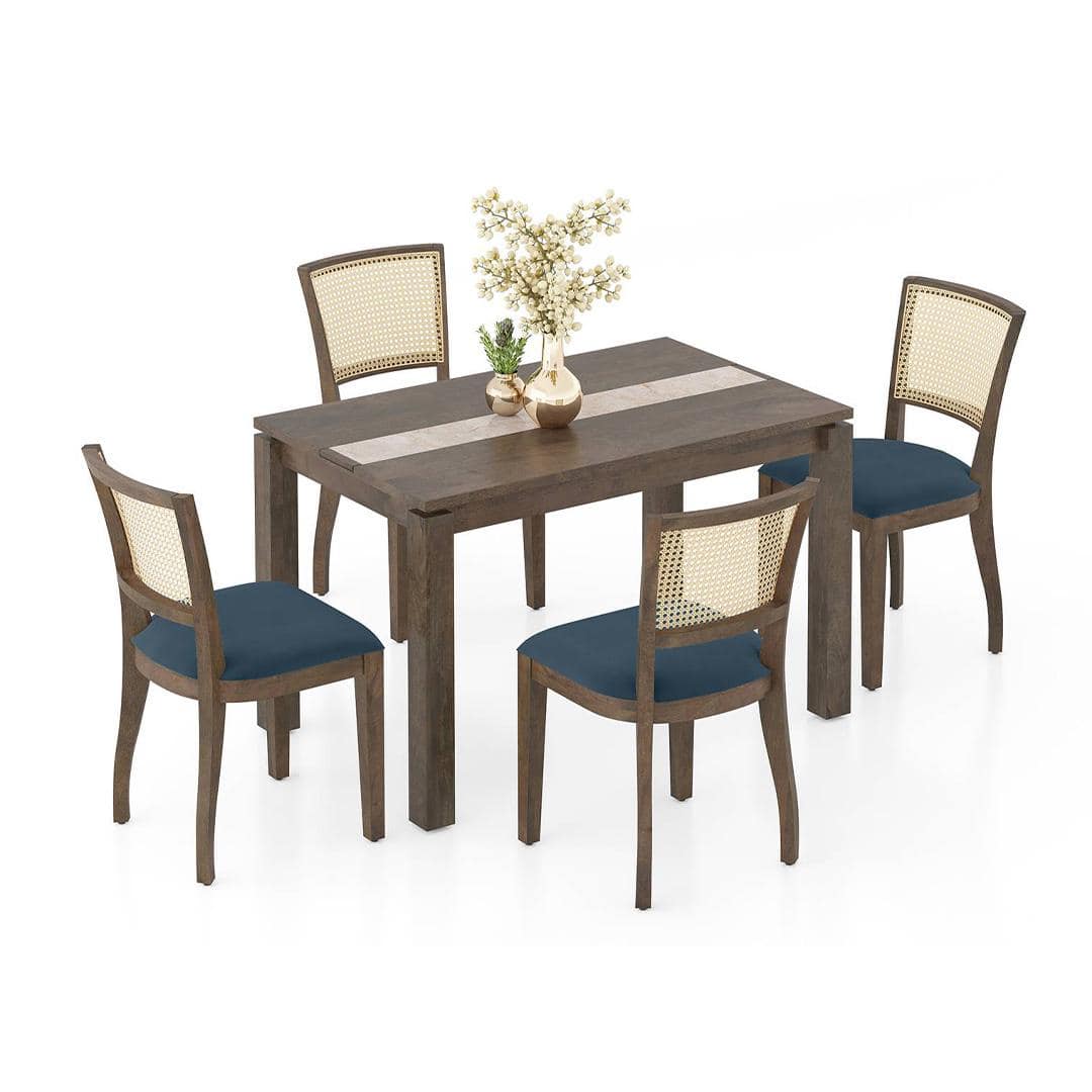 Atlas Crest Solid Wood 4 Seater Dining Table With Reed Dining Chairs Set