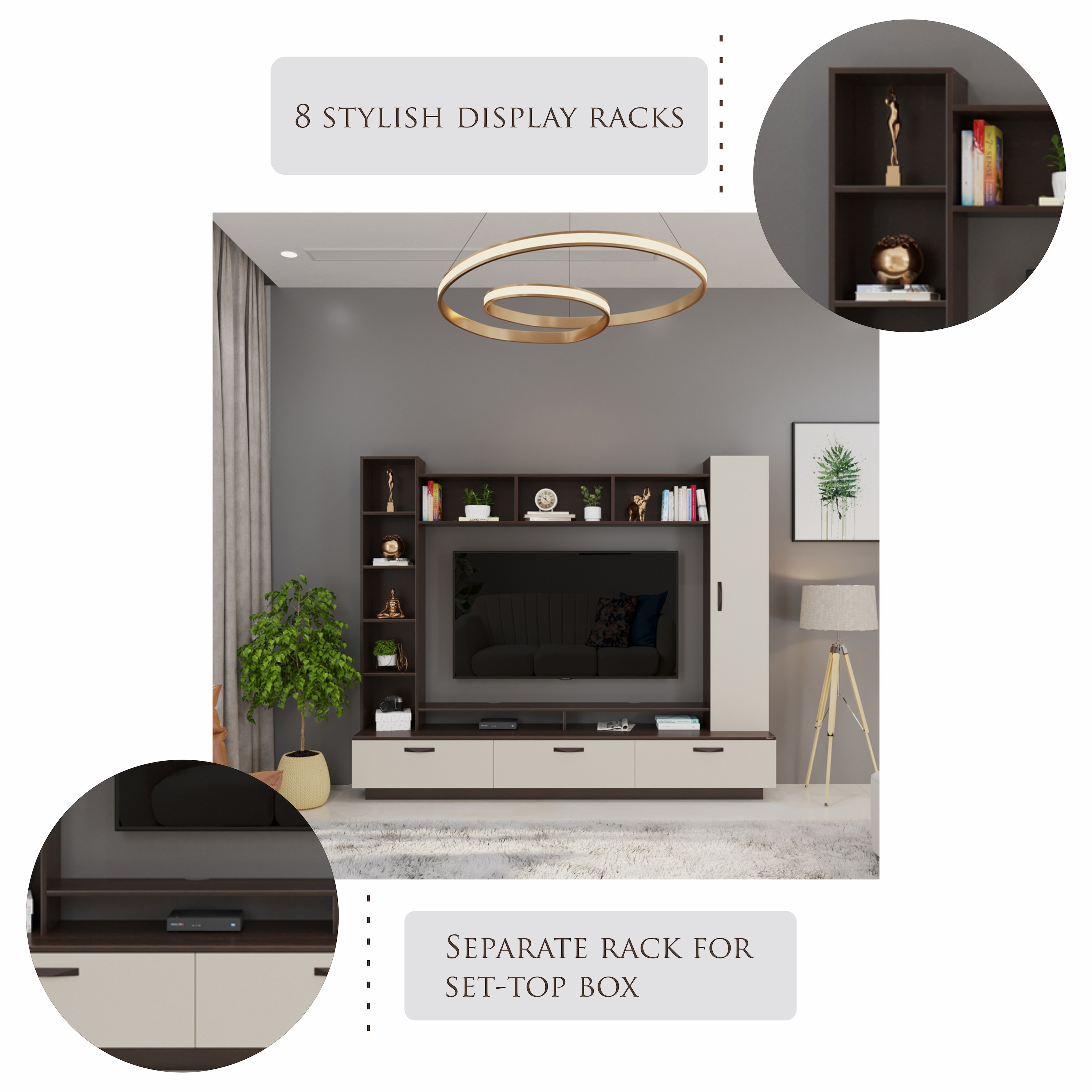 BLUEWUD Fenily Engineering Wood Floor Standing TV Entertainment Unit Set Top Box Stand/TV Cabinet Panel with Shelves for Books & D�cor Display Unit Bed Living Room Upto 60 Inches (Wenge & White)