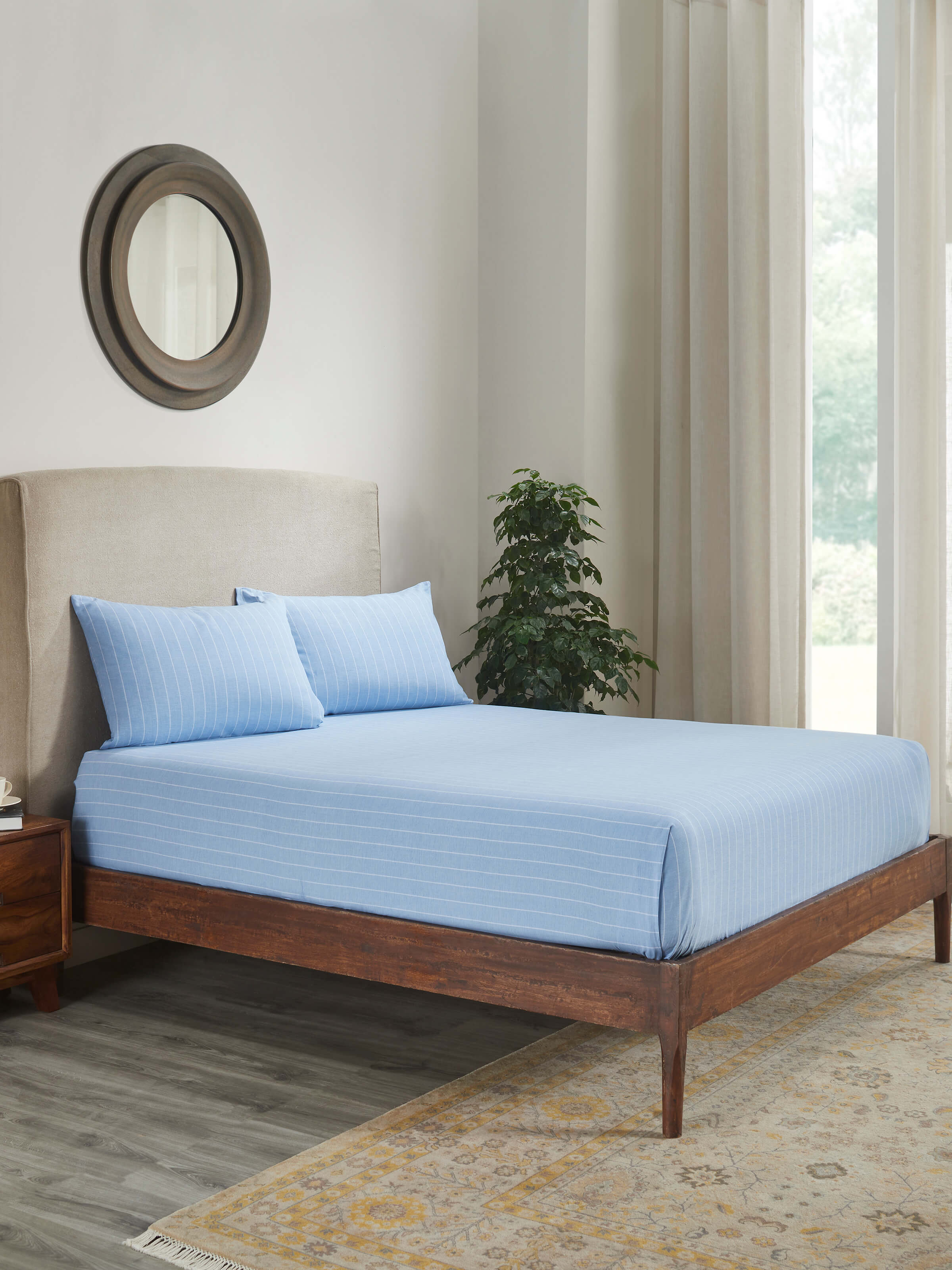 Keshod Handloom Cotton Sage Chambray Stripe King-size Bedsheet Set