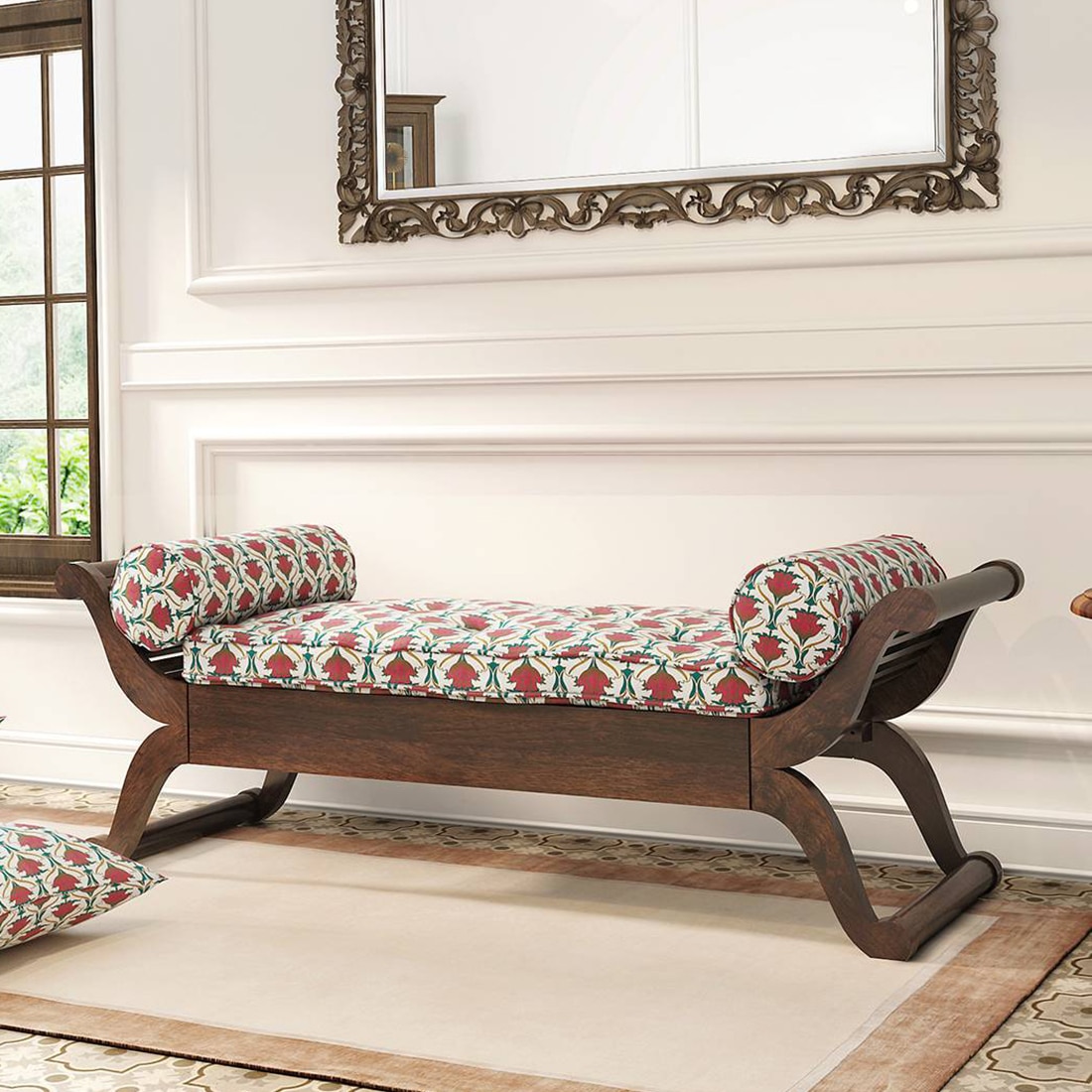 Saachi Diwan in Mango Walnut Finish with Multi Colour Fabric