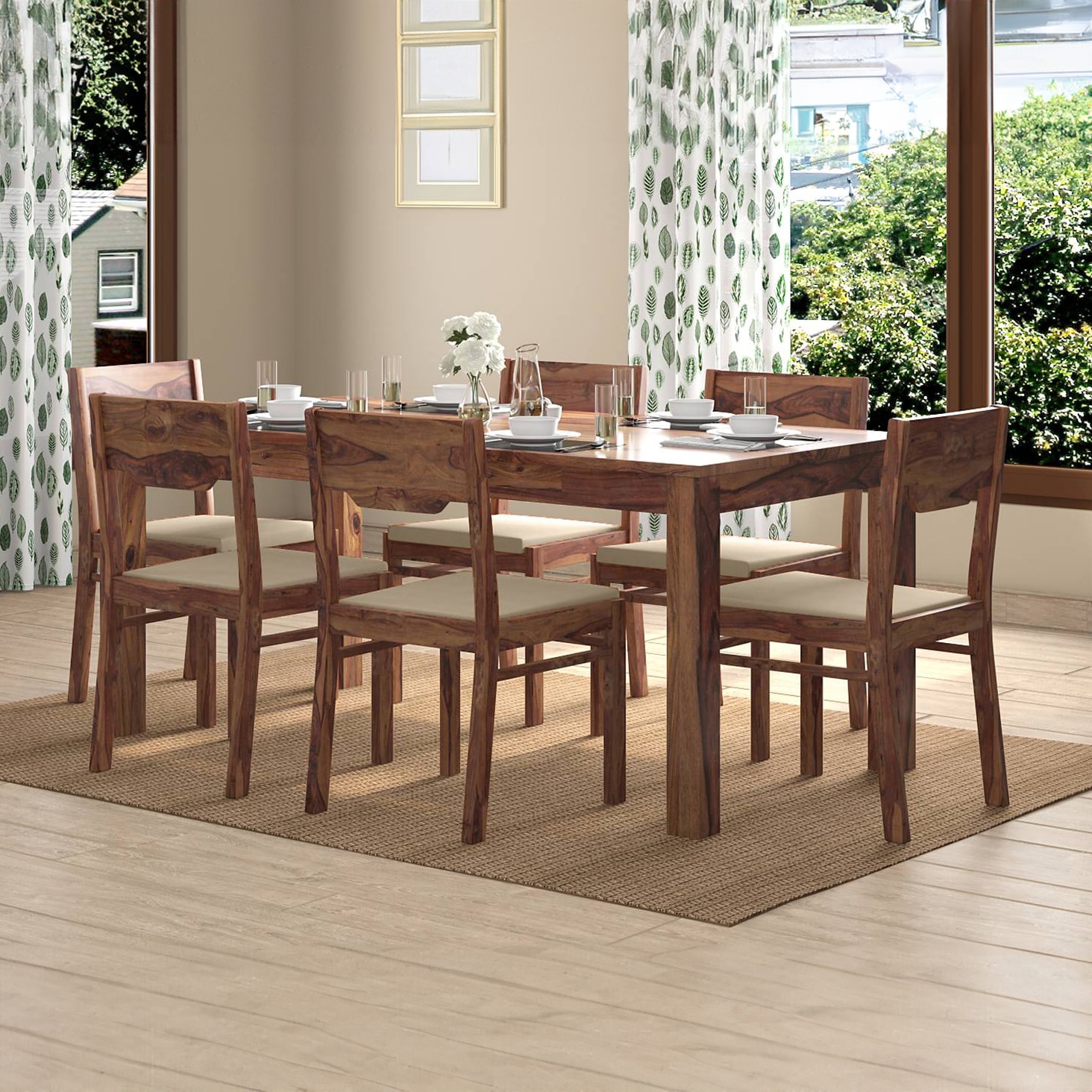 Kerry Solid Wood Dining Chair Set Of 2 In Teak Finish With Wheat Brown Fabric Colour-image-44